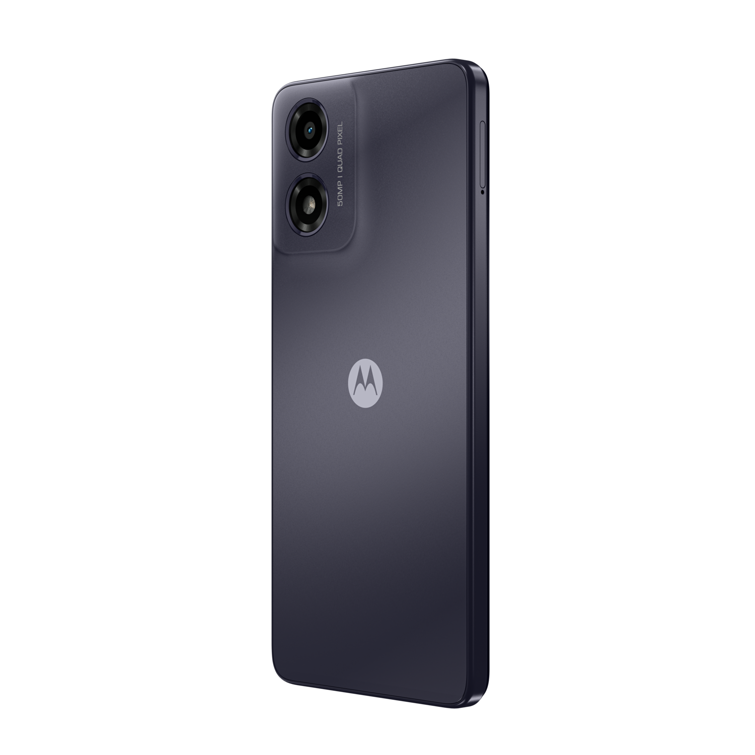 Dark blue smartphone with dual cameras, the Motorola logo, and a black background.