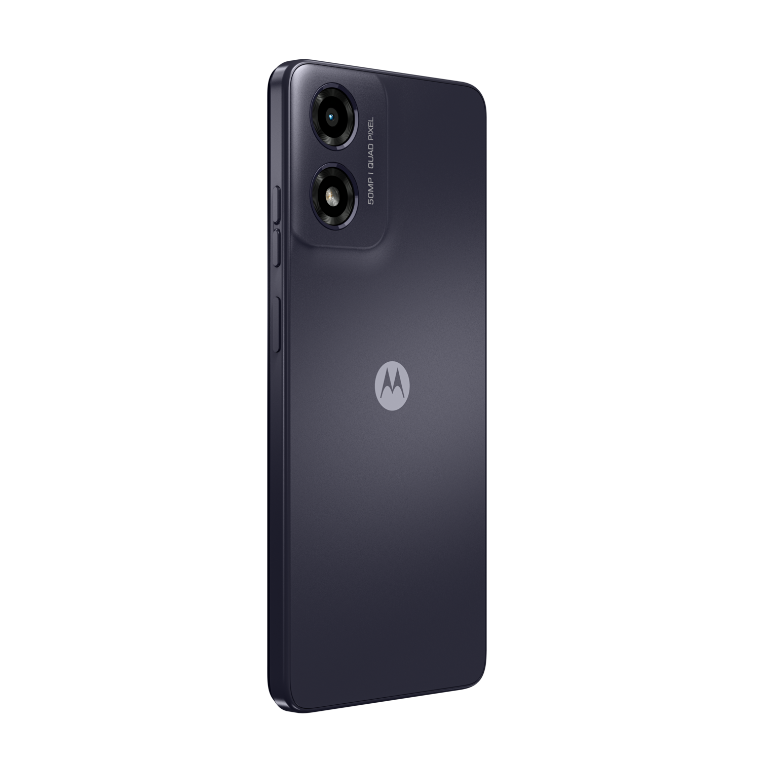 A dark blue phone with two cameras and a logo on its back. It's facing away from the viewer.