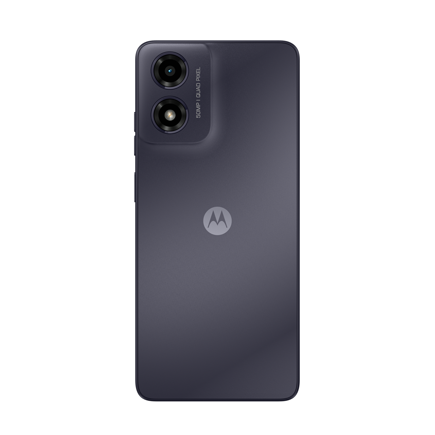 Back view of a dark blue phone with two cameras and the Motorola logo.