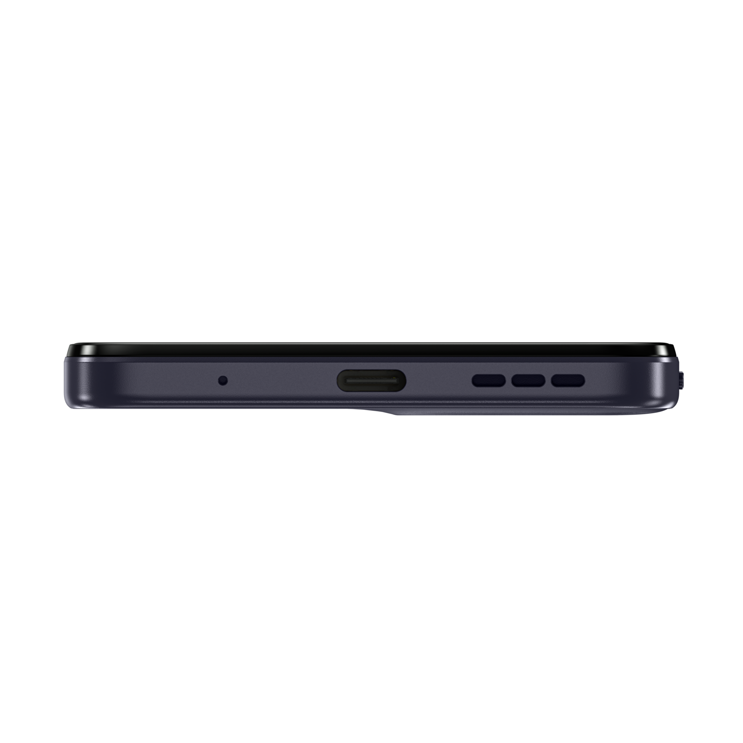 A dark blue smartphone, bottom view, with a USB-C port, microphone, and speaker holes, black background.