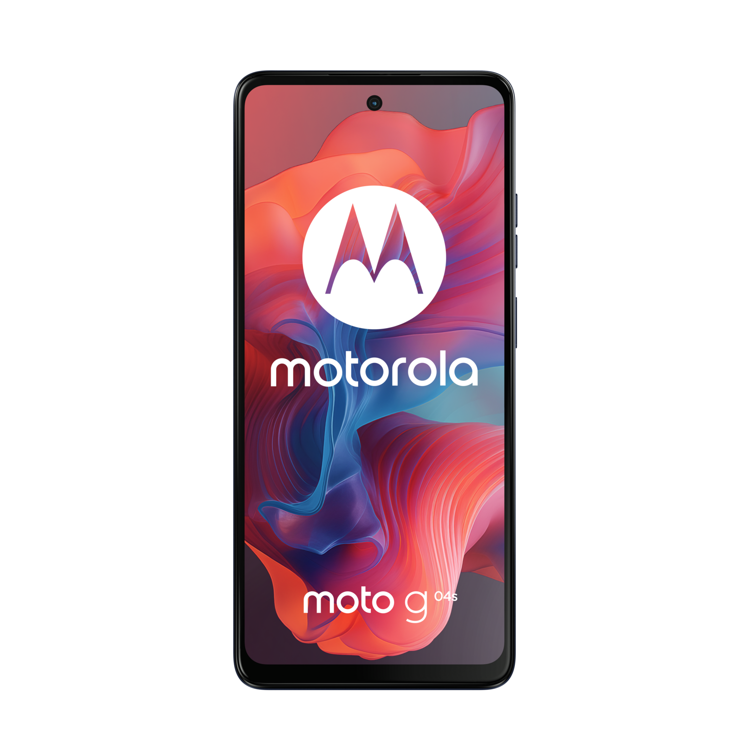 Black smartphone displaying a logo, on a black background.