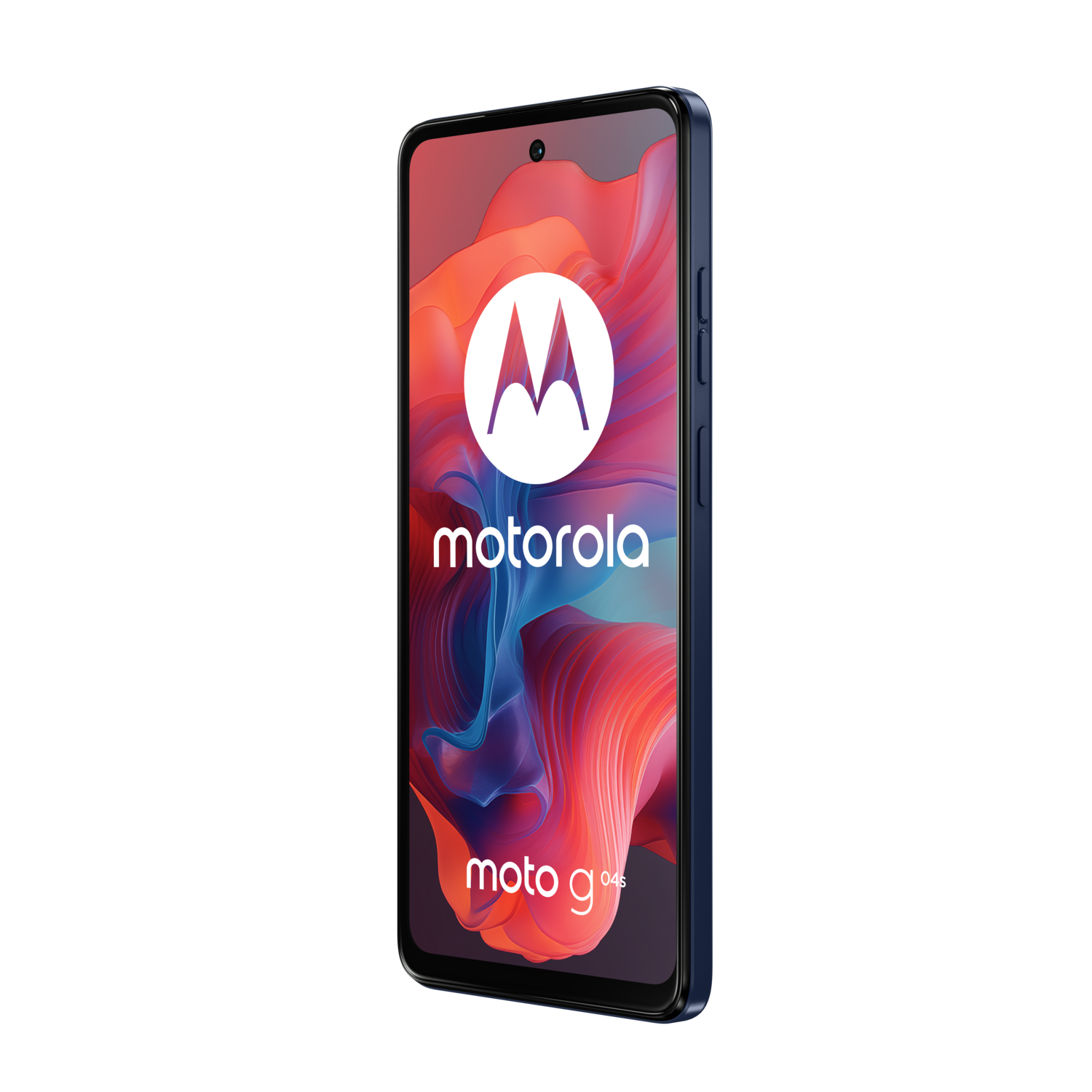 Blue Motorola phone on black background, screen shows a white 'M' logo and 'motorola' text. The phone has a red and orange design.