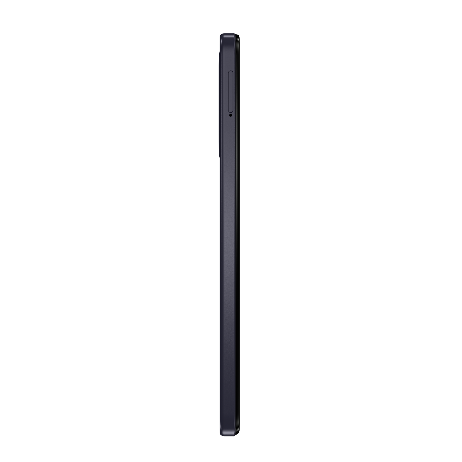 A dark blue phone's side profile on a black background, showing buttons.
