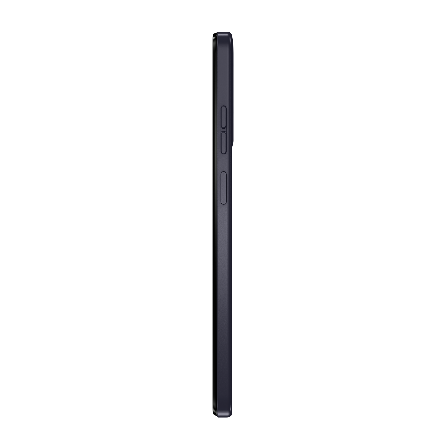 Side view of a dark blue smartphone with buttons and a black background.