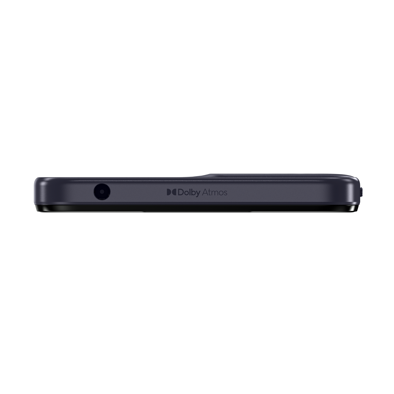 Side view of a dark blue phone with a small hole, and Dolby Atmos logo.