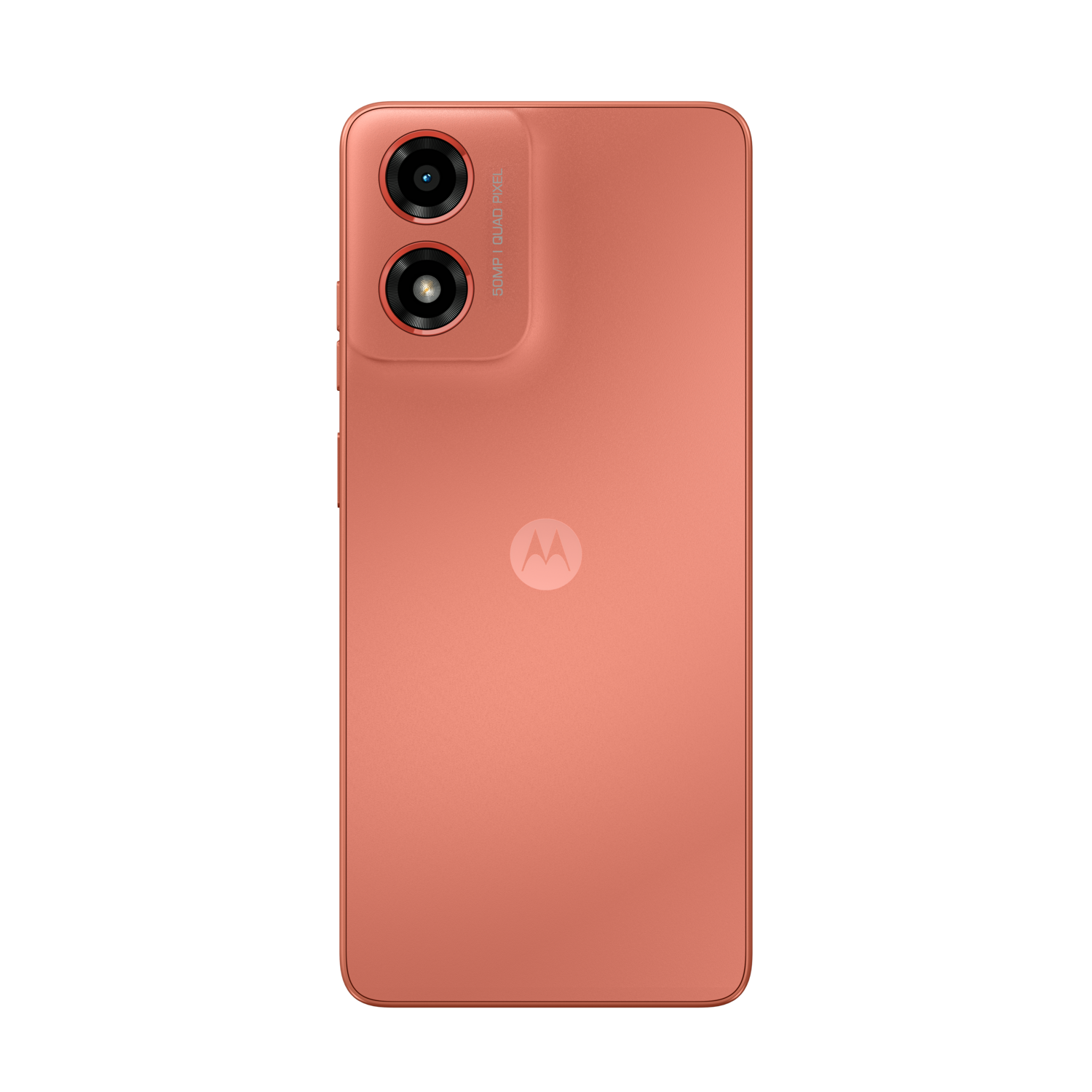 Coral-colored phone back. Dual camera, Motorola logo on black background.