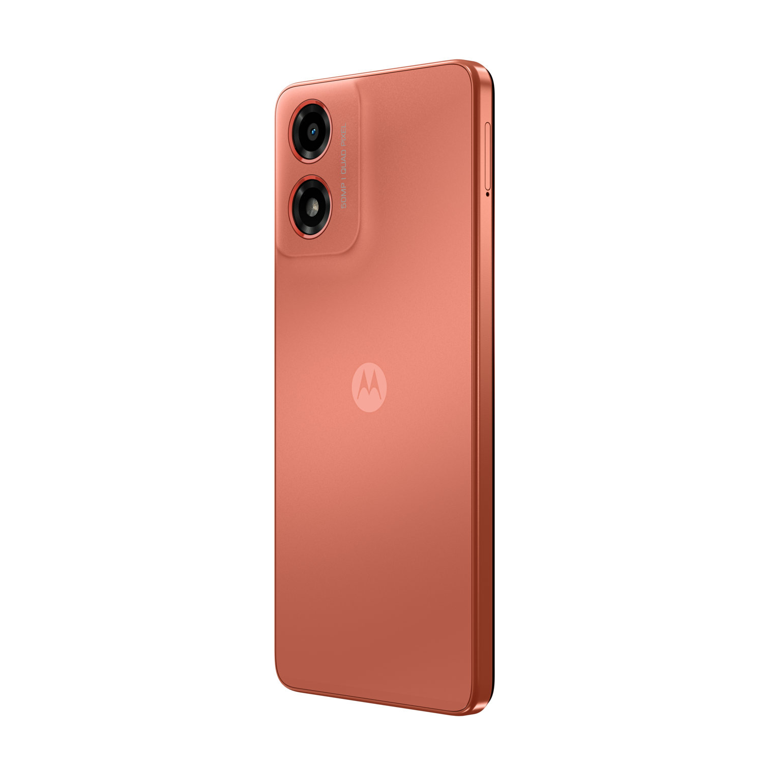 A coral-colored phone with two rear cameras is on a black background. The phone is in a three-quarter view.