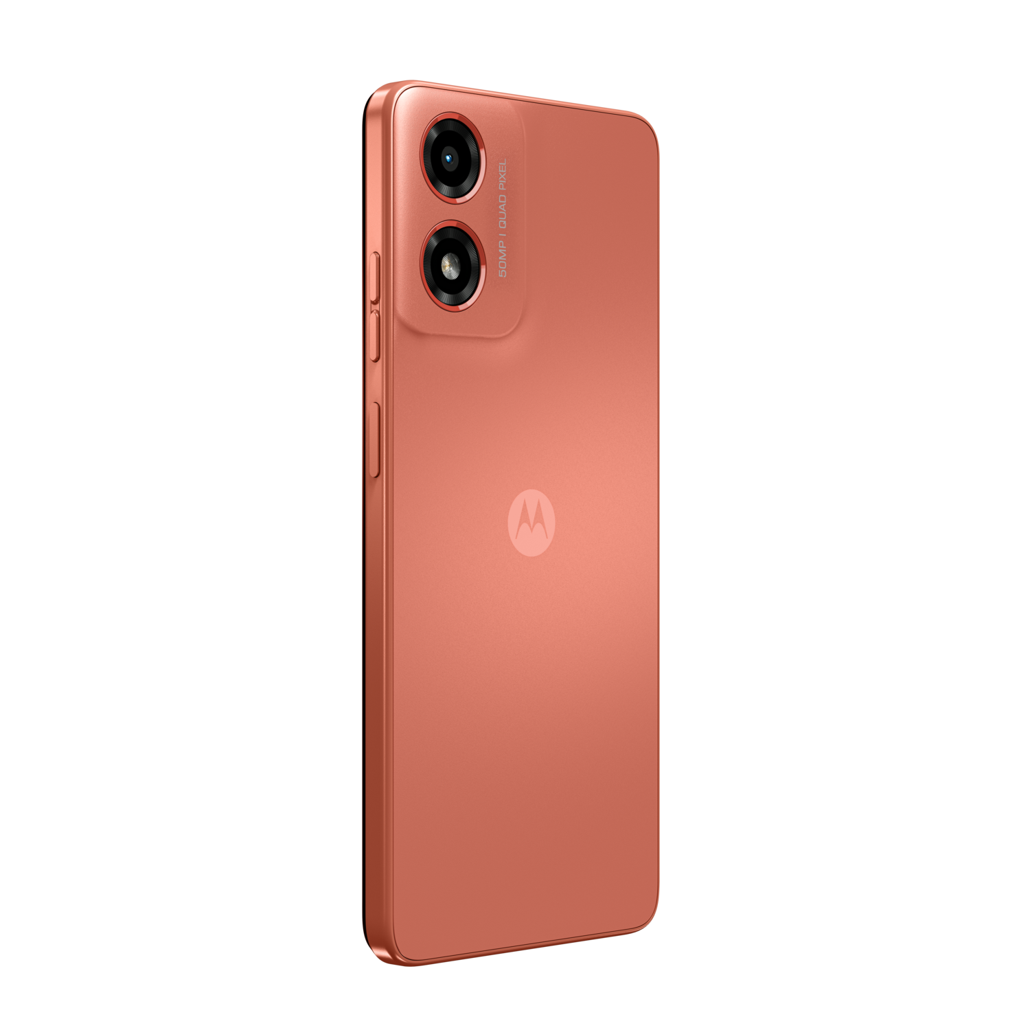 A coral colored smartphone with dual cameras and a logo. Back is visible.