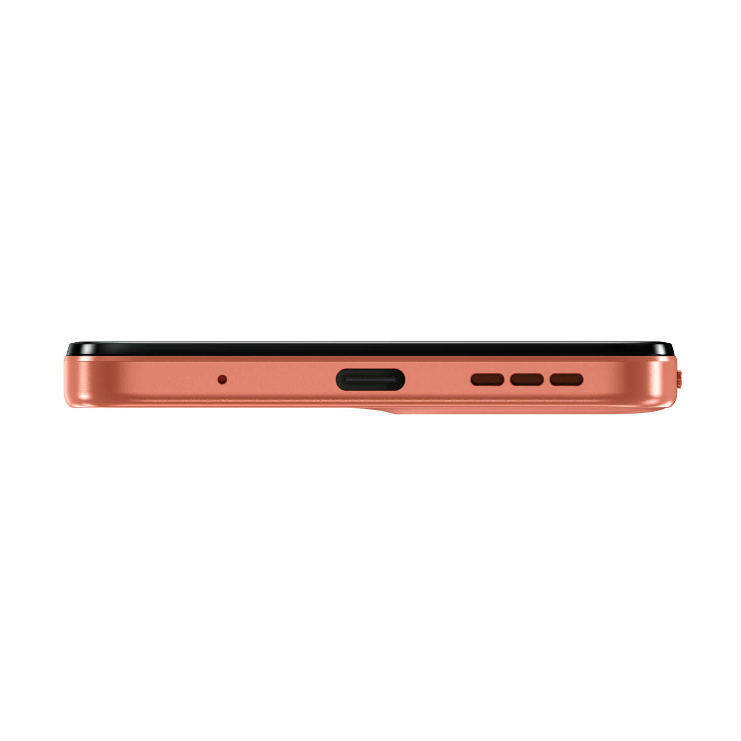 Copper-colored phone bottom with a charging port and speaker holes.