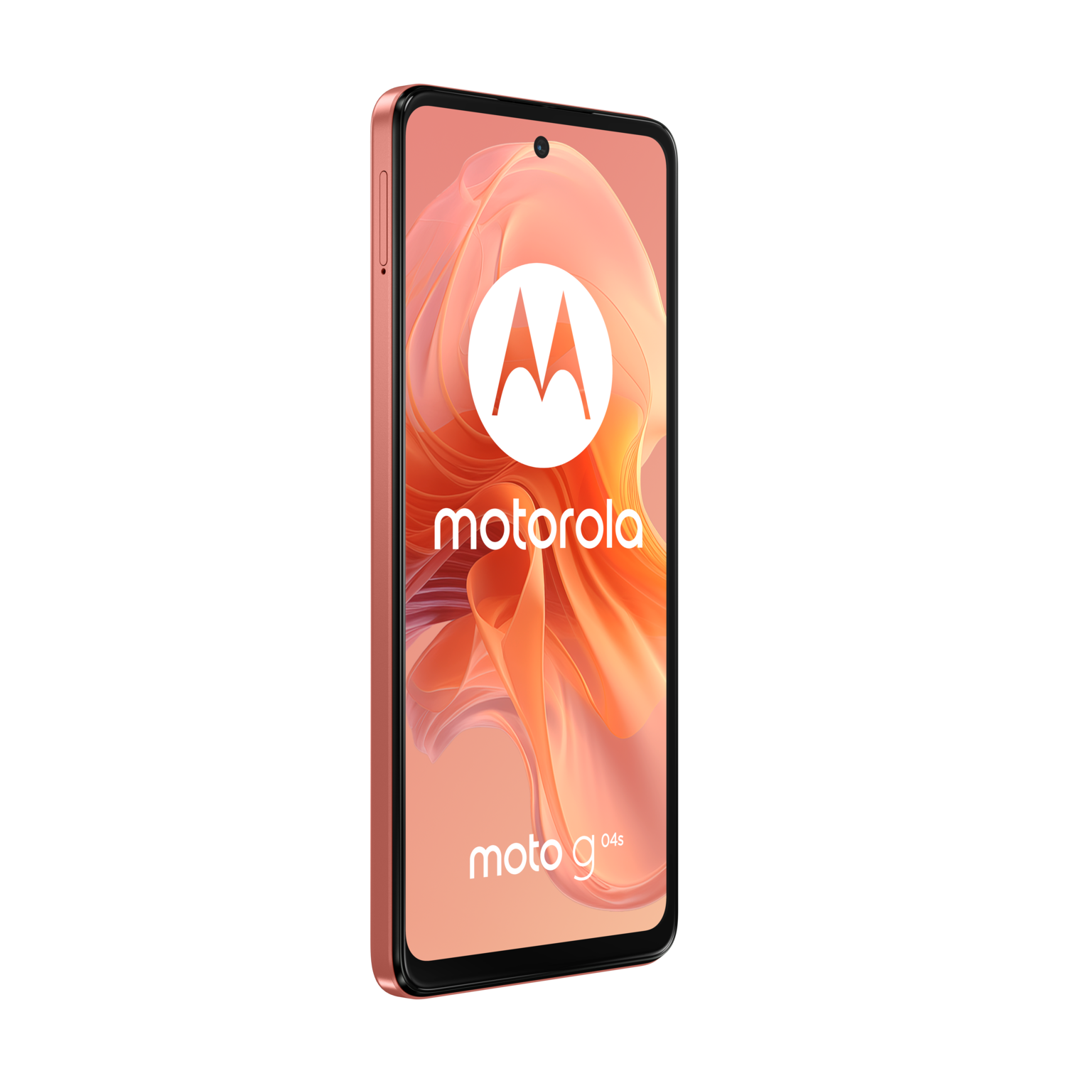 Motorola smartphone on a black background. Phone is peach color and shows the logo and name.