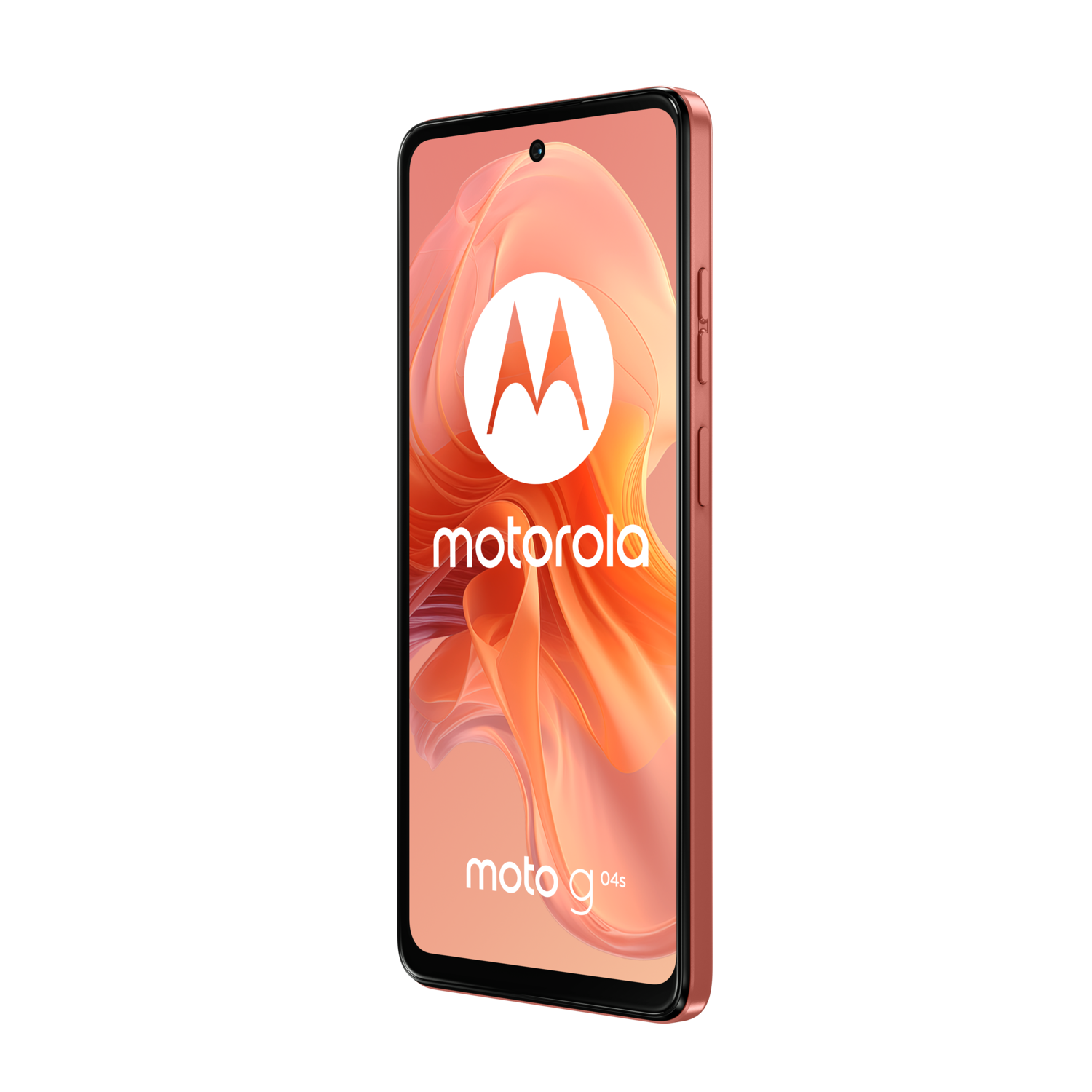 Motorola smartphone on a black background. It is pink and has the Motorola logo on the screen.