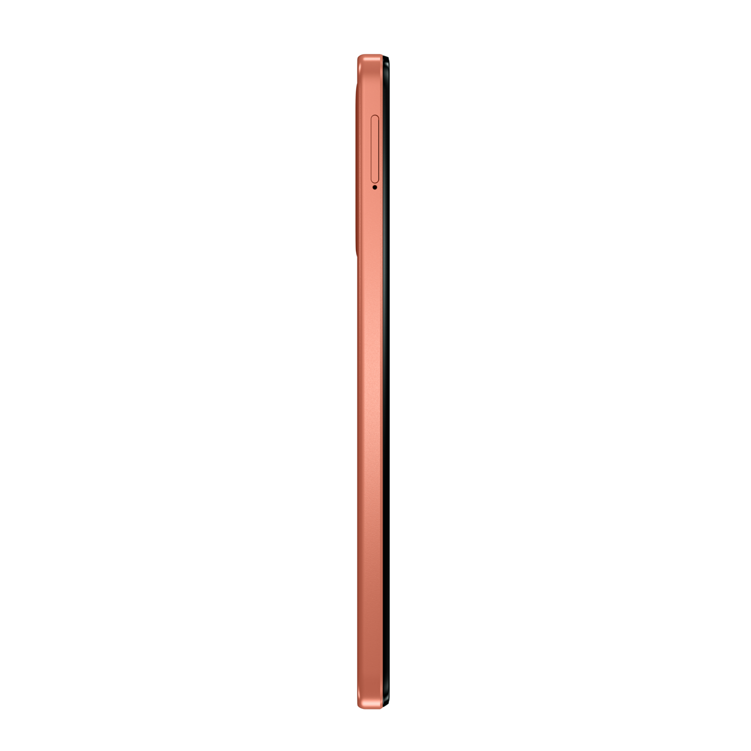 Side view of a copper-colored smartphone. Power button and volume rocker visible. Black background.