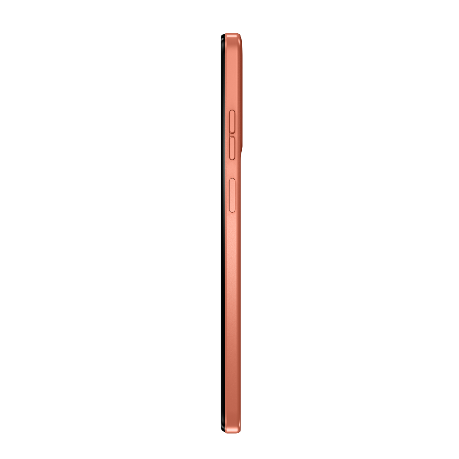 The side view of a rose gold smartphone against a black background.