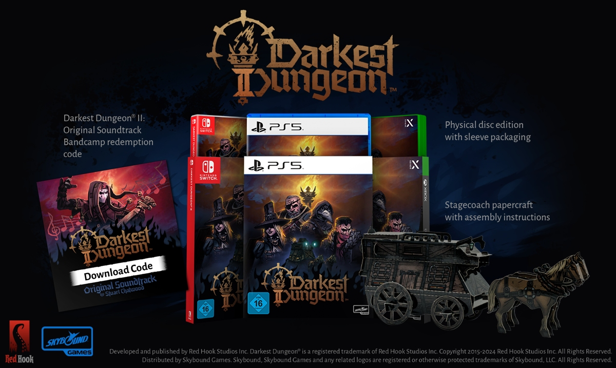 Darkest Dungeon II-Spielboxen, ein Download-Code und ein Kutschen-Papierbastelmodell auf schwarzem Hintergrund.