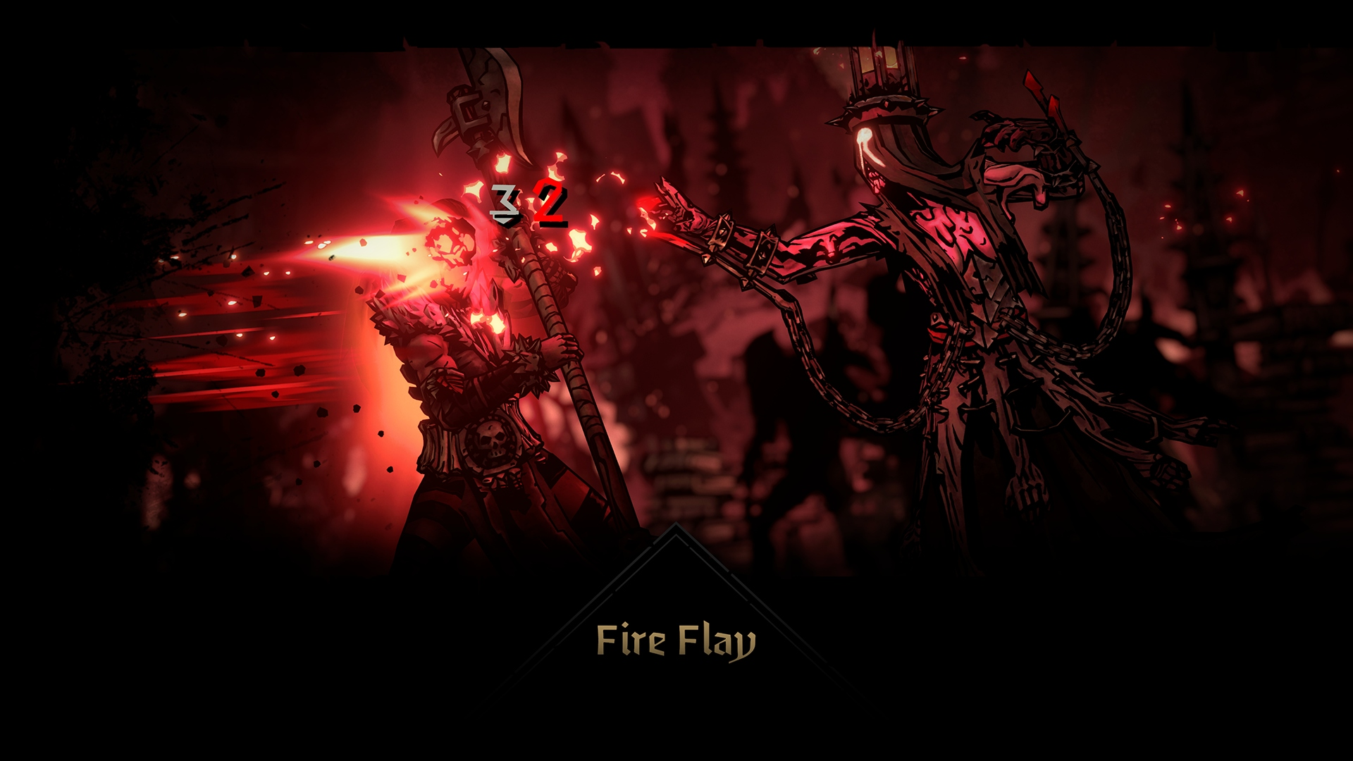 Darkest Dungeon Spielszene: Ein Magier greift mit rotem Feuer an, Schaden 32.