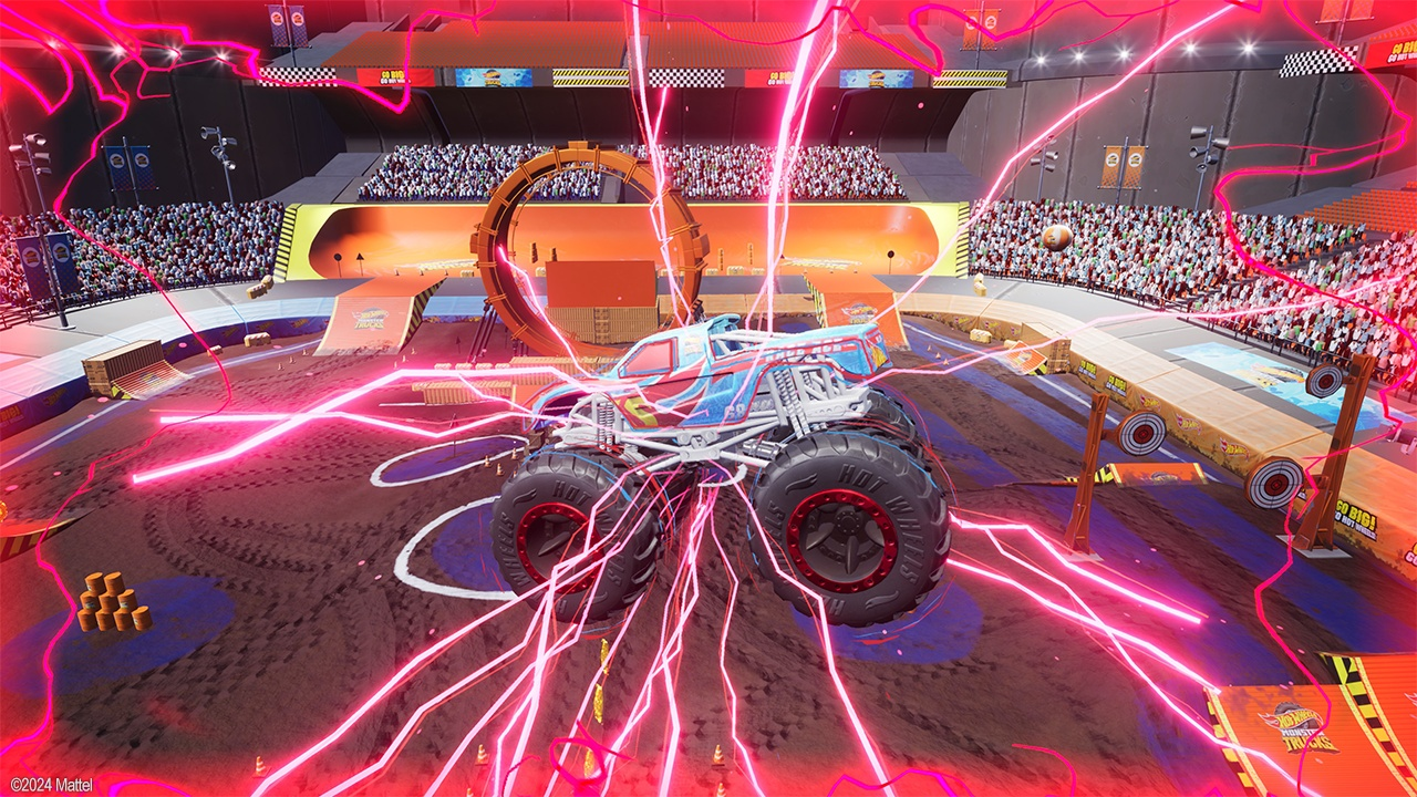 Monster Truck-Rennen in einem Stadion mit Blitzeffekten.