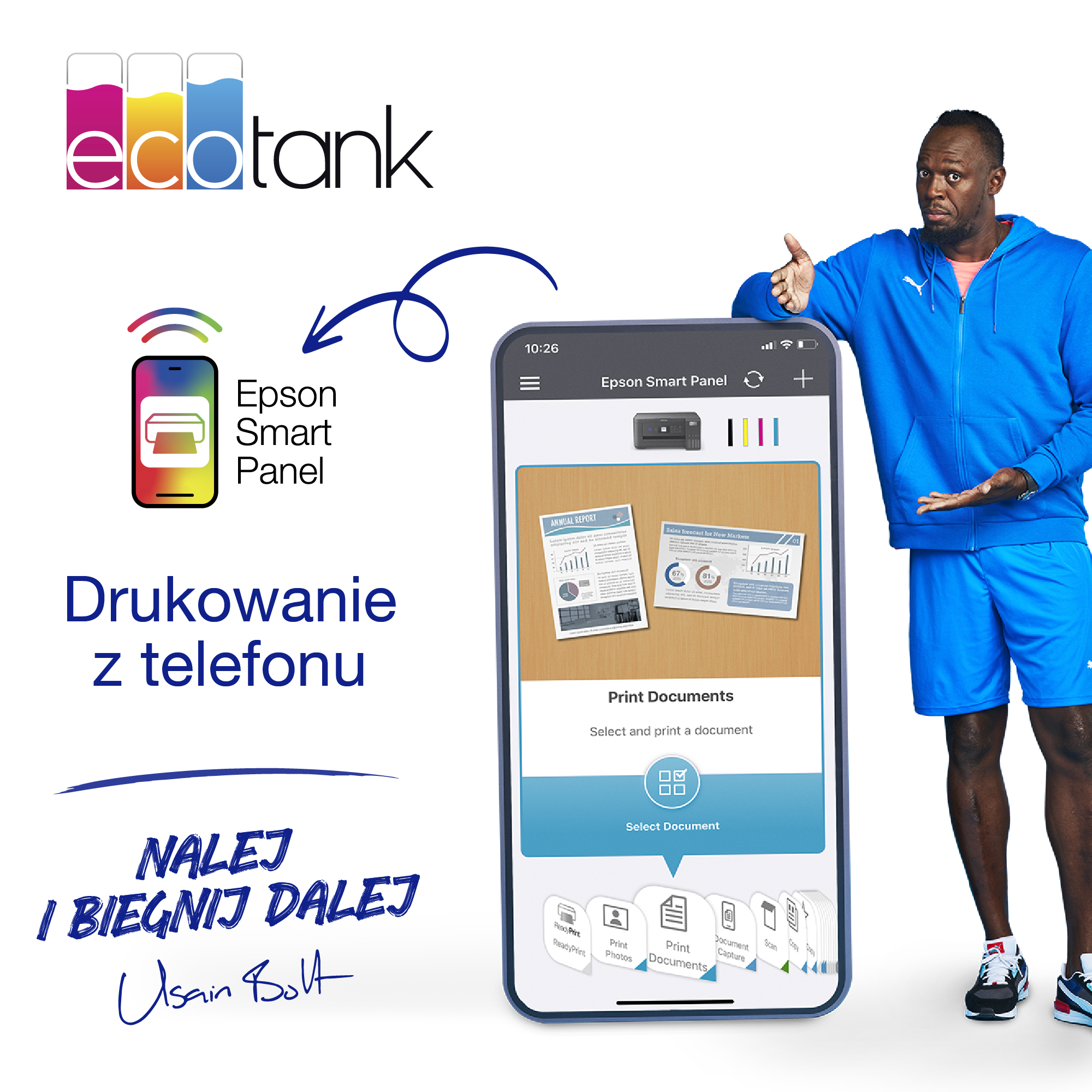 Usain Bolt wskazuje na telefon wyświetlający dokumenty. Widoczne logo i tekst Epson Smart Panel.