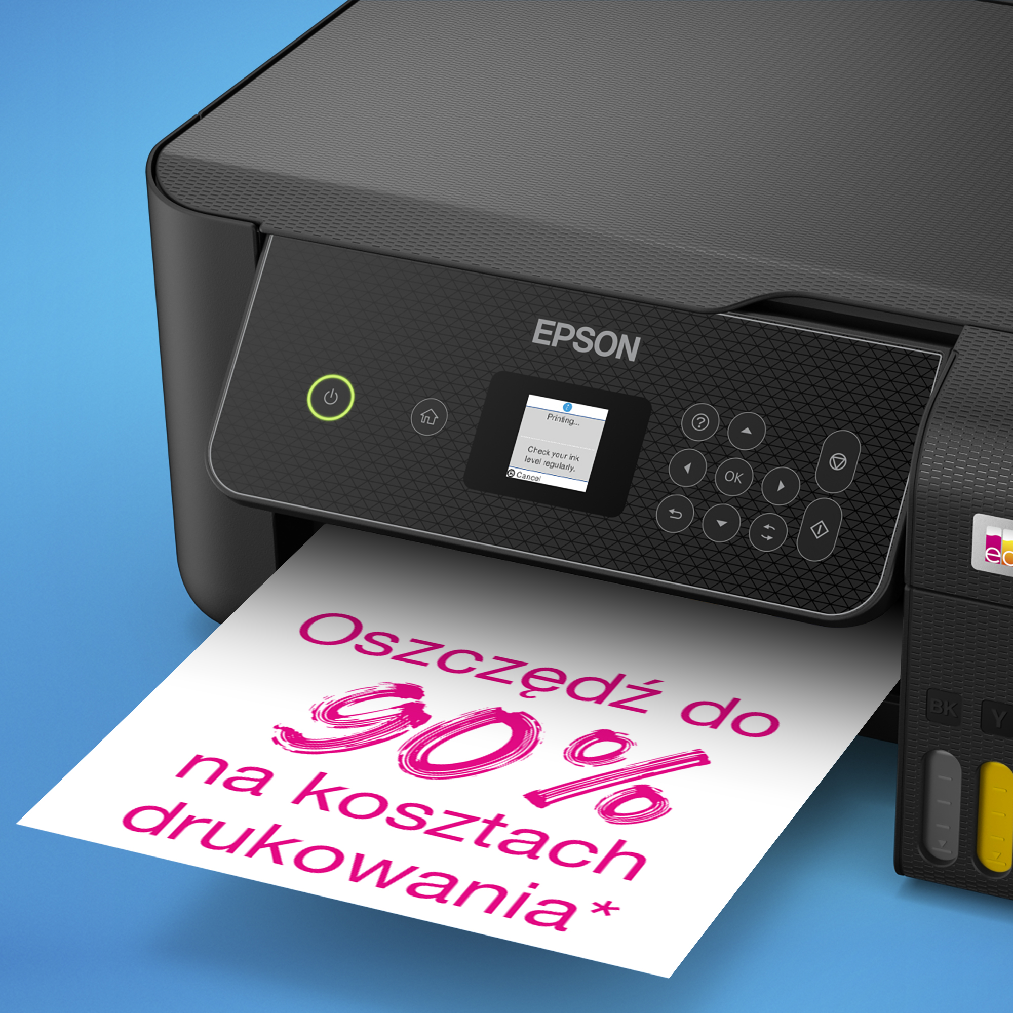 Drukarka Epson drukuje. Tekst: Zaoszczędź do 90% na kosztach drukowania.