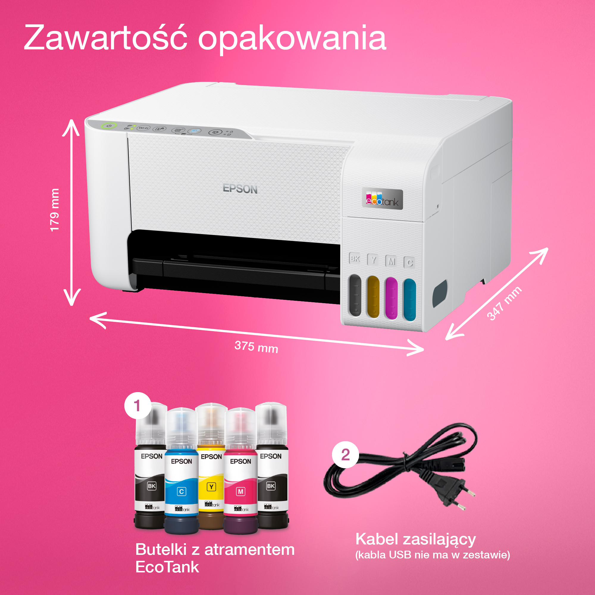 Drukarka z tuszami i kablem zasilającym. Pokazano wymiary i butelki z tuszem.