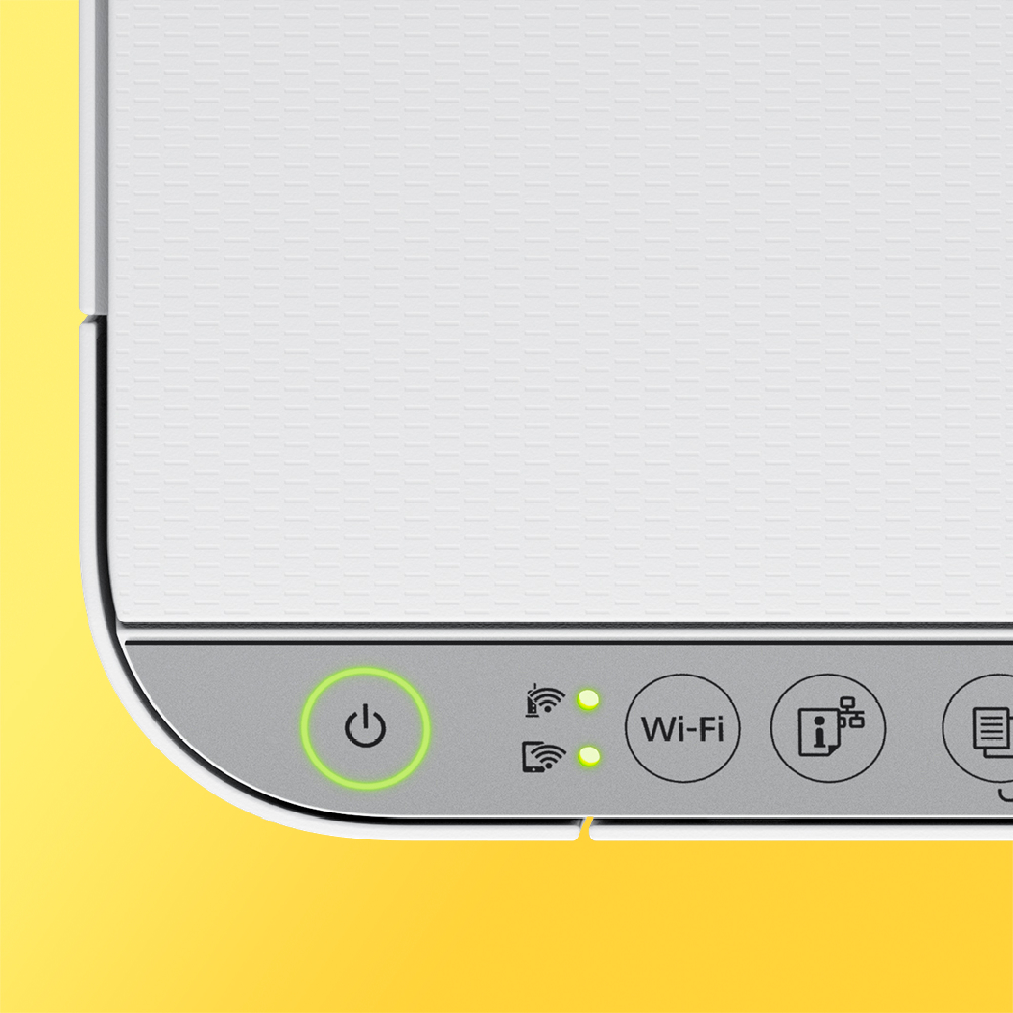 Zbliżenie panelu sterowania drukarki z przyciskiem zasilania, Wi-Fi i innymi podświetlonymi wskaźnikami stanu.