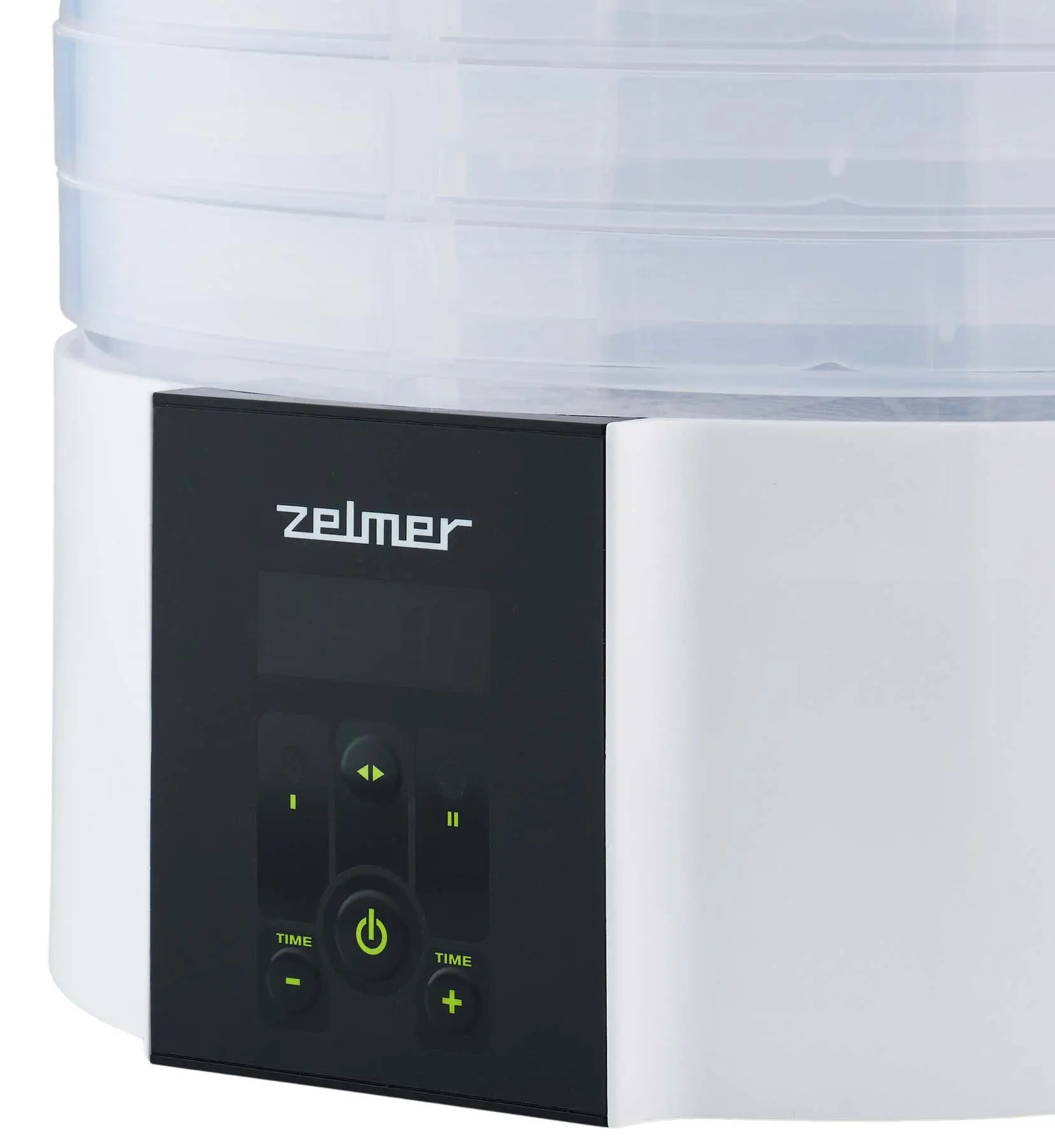 Biało-czarny dehydrator żywności z wyświetlaczem cyfrowym i przyciskami sterowania.