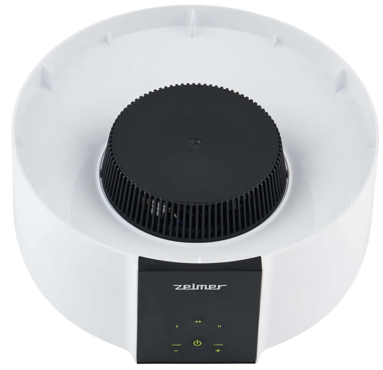 Biało-czarne urządzenie z czarnym grillem i panelem sterowania.