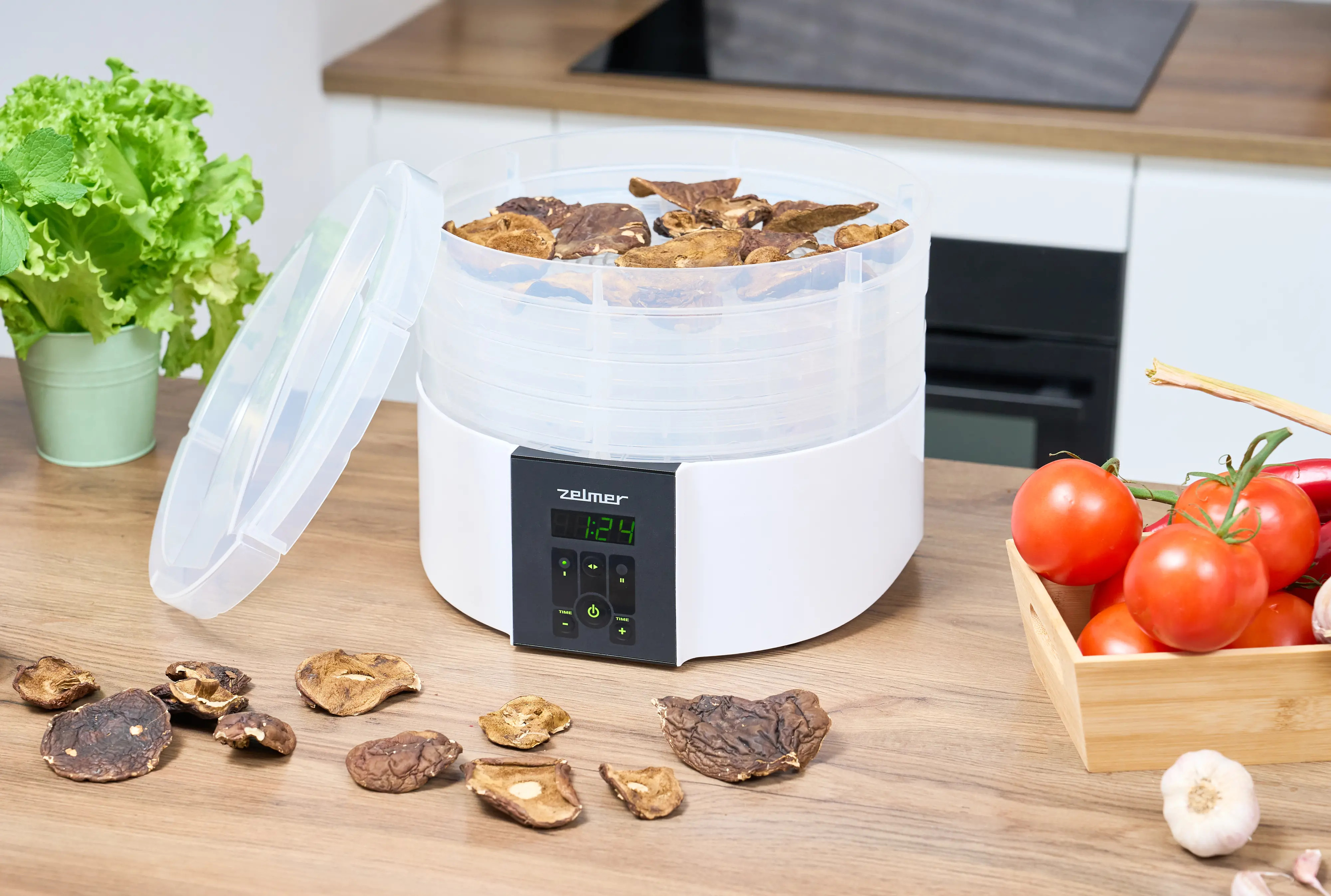 Suszarka do żywności z suszonymi grzybami. Pomidory i sałata widoczne z boku.