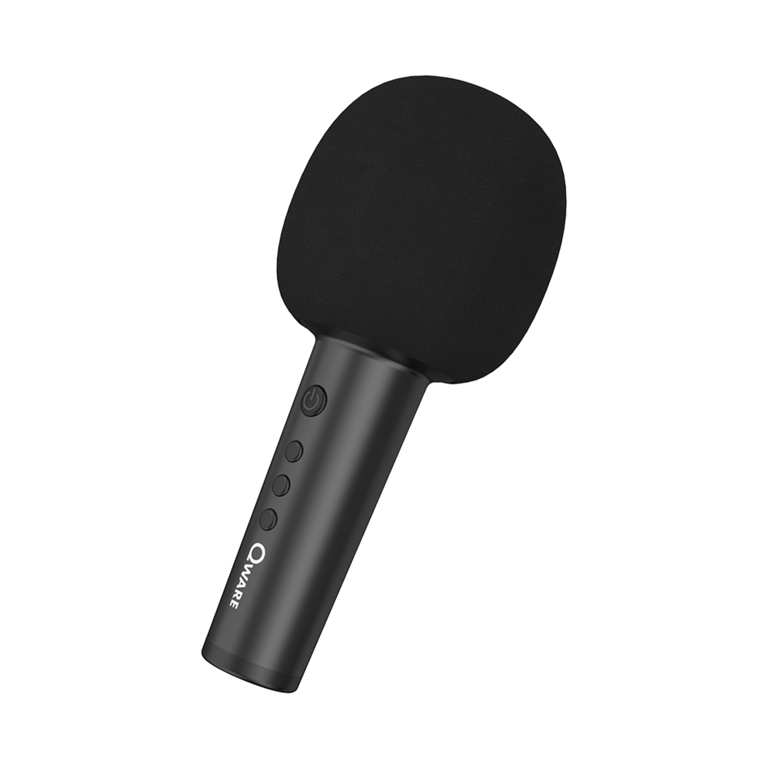 Black microphone with a foam cover, power and volume buttons on handle.