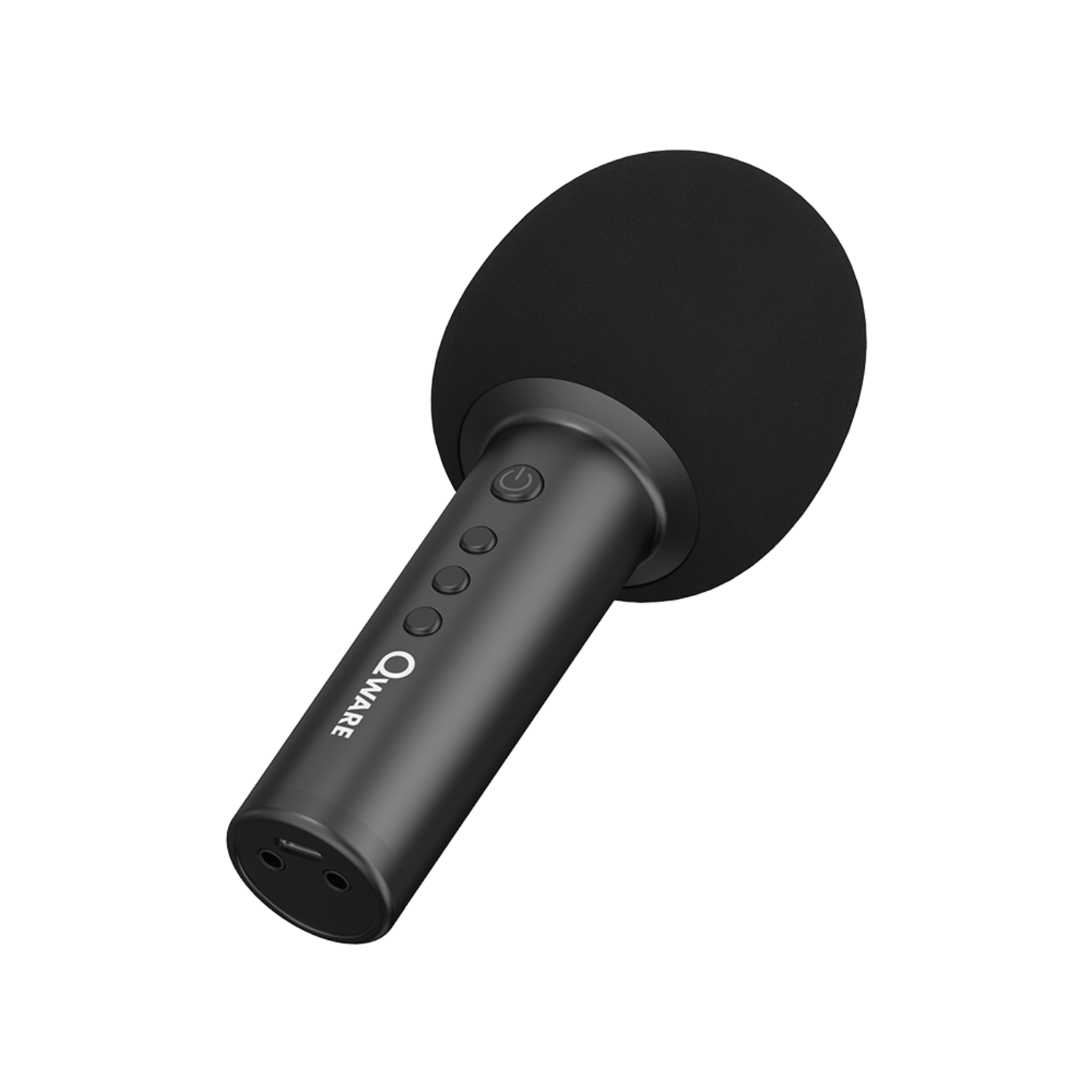 A black microphone with a pop filter, labeled 'Qware', on a black background.