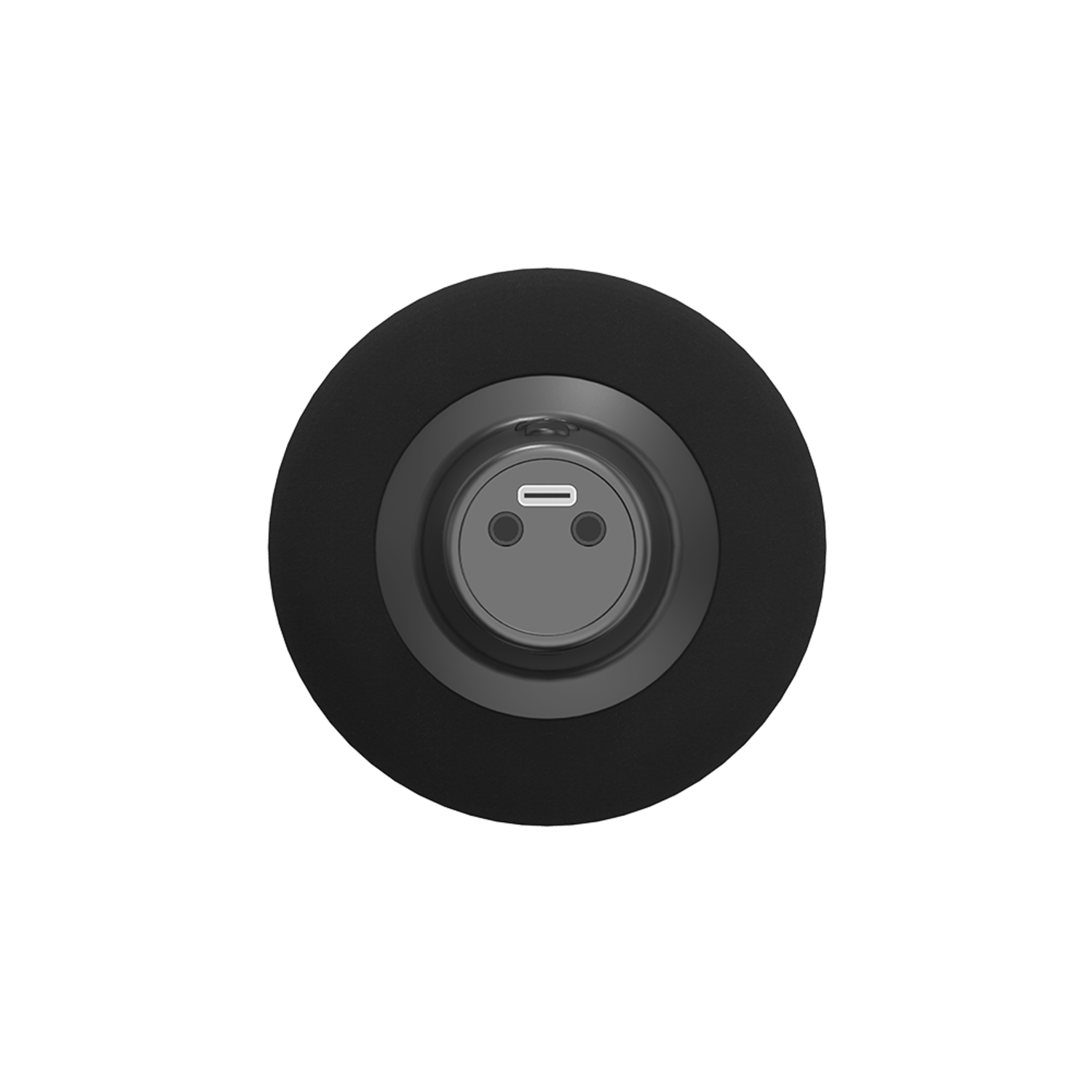 A black circular device with a charging port. It has a grey interior and a black rubber exterior.