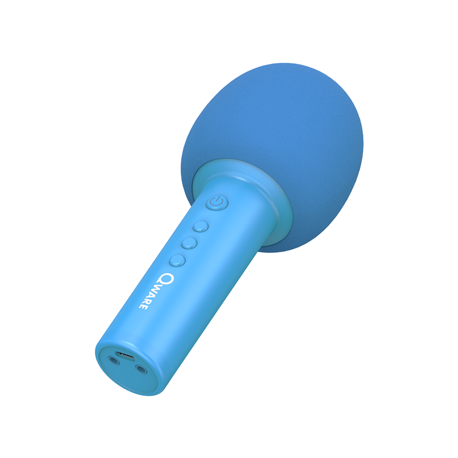 Een blauwe microfoon met een afgeronde bovenkant en knoppen, op een zwarte achtergrond.