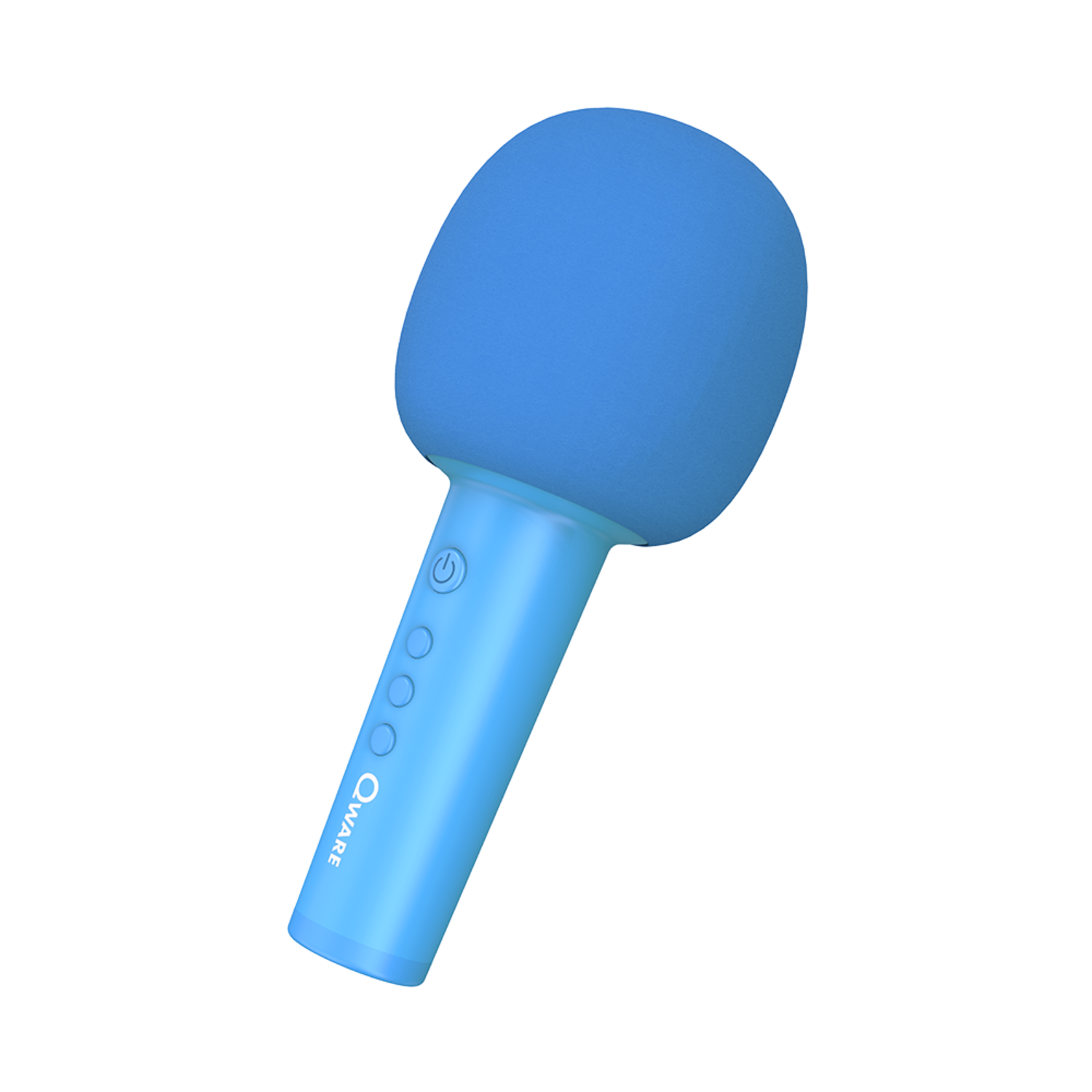 Een blauwe microfoon steekt af tegen een donkere achtergrond. De microfoon heeft een ronde kop.