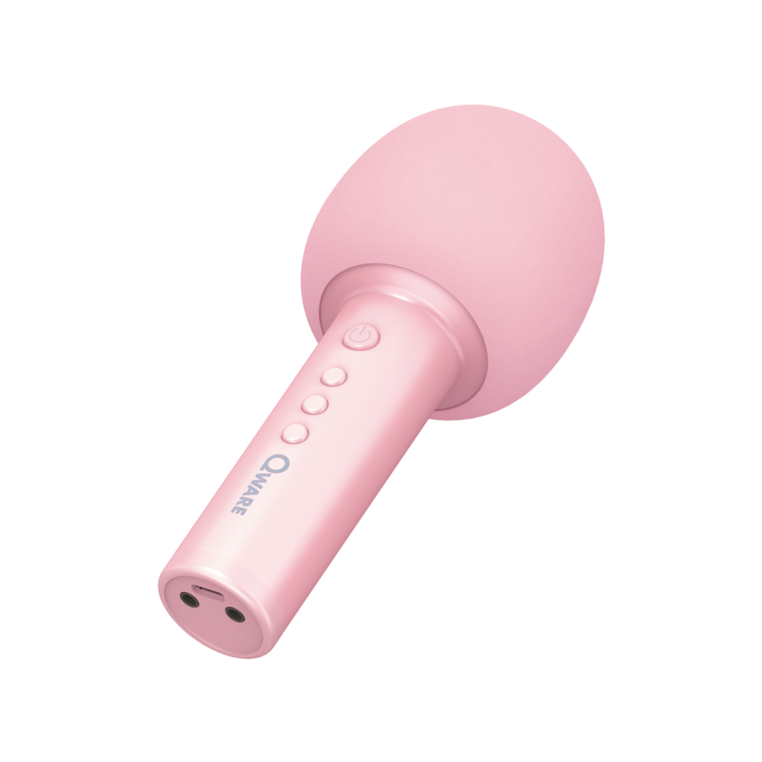 A pink karaoke microphone with a rounded head and a cylindrical body.