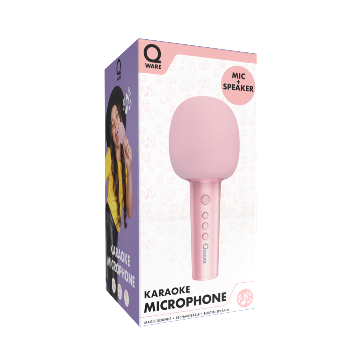 Pink karaoke microphone in a box. The box has a picture of a woman singing.