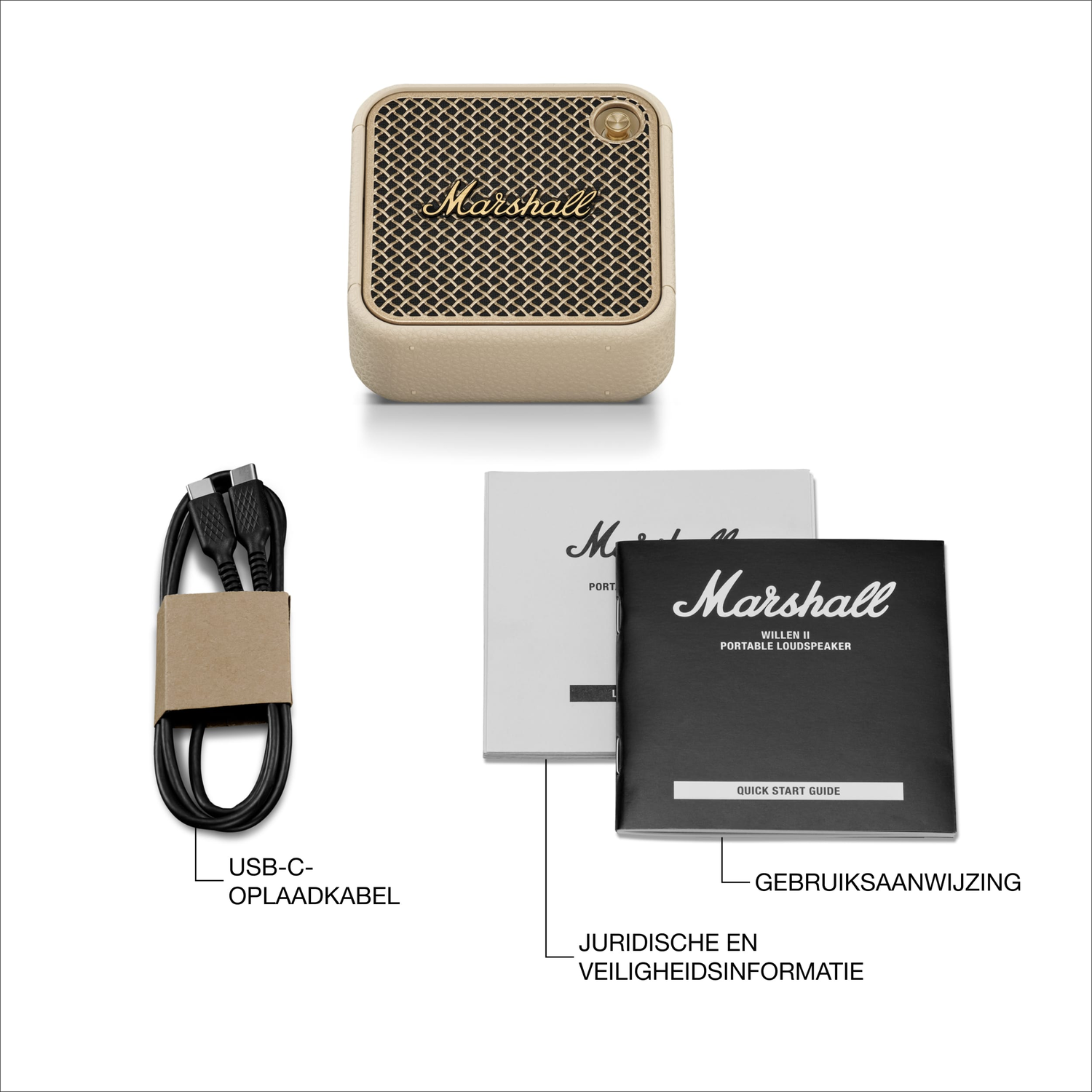 Marshall speaker, USB cable, and manuals. Speaker is beige, cable is black, and manuals are white and black.