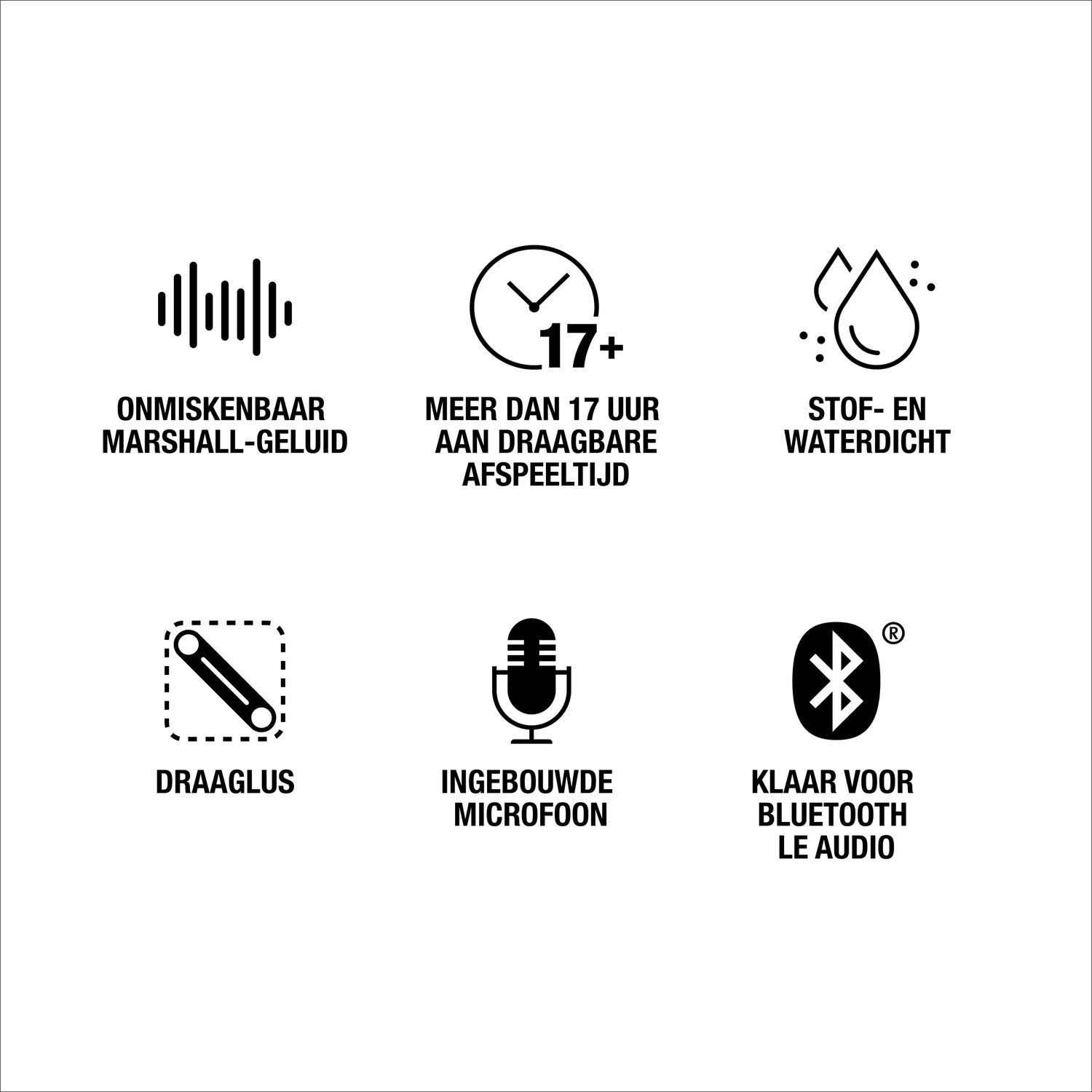 Icons: sound waves, timer, drop, strap, mic, Bluetooth. White background.