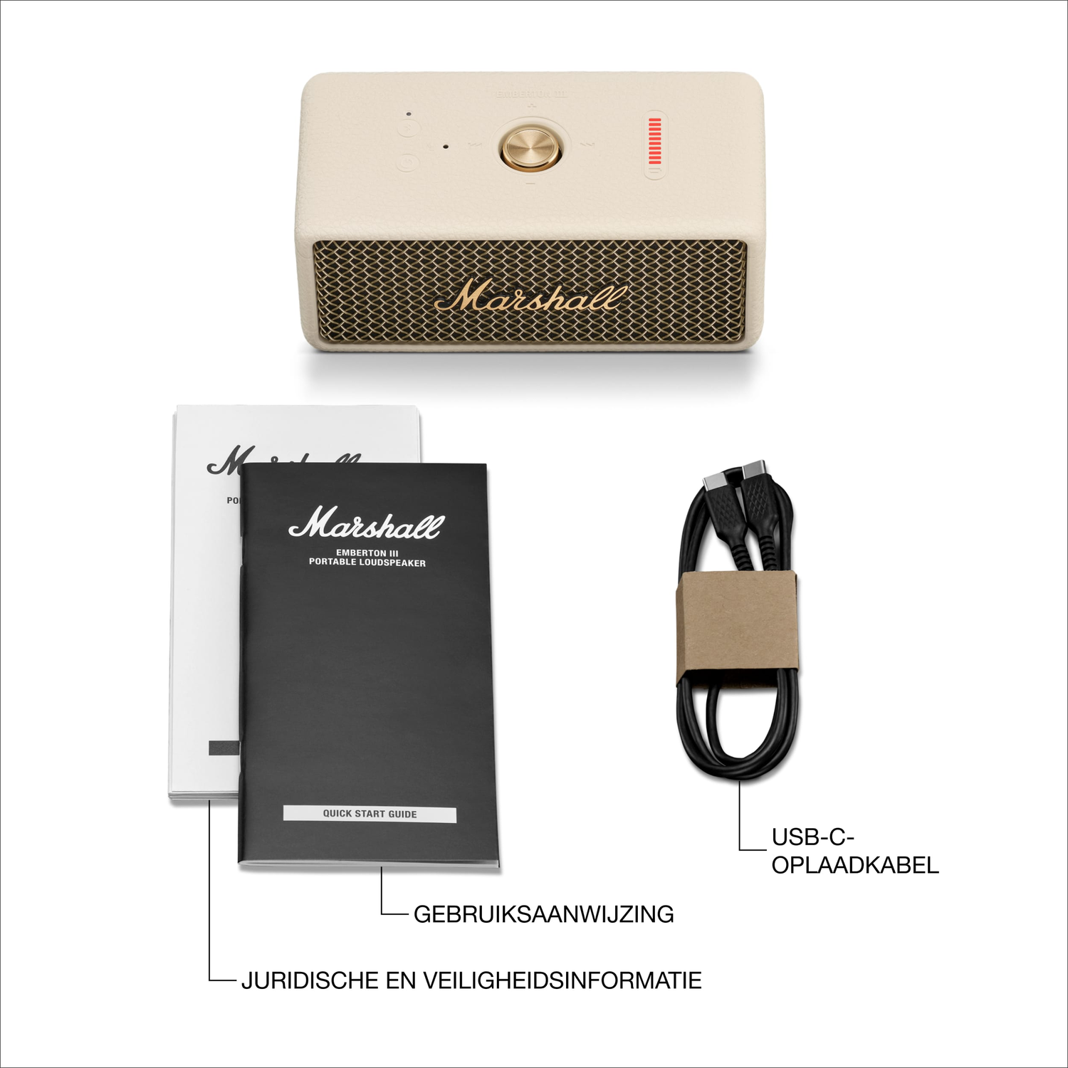 Marshall speaker, manuals, and USB cable.