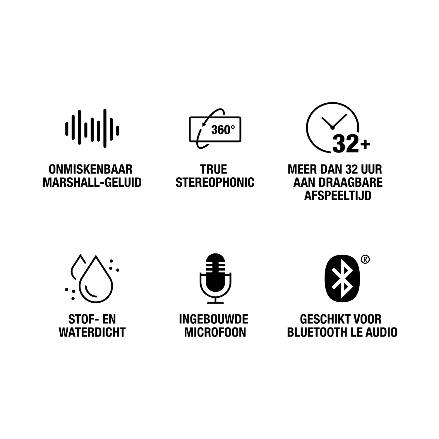 Icons describing features: Marshall sound, true stereophonic, 32+ hours playtime, waterproof, microphone, Bluetooth.