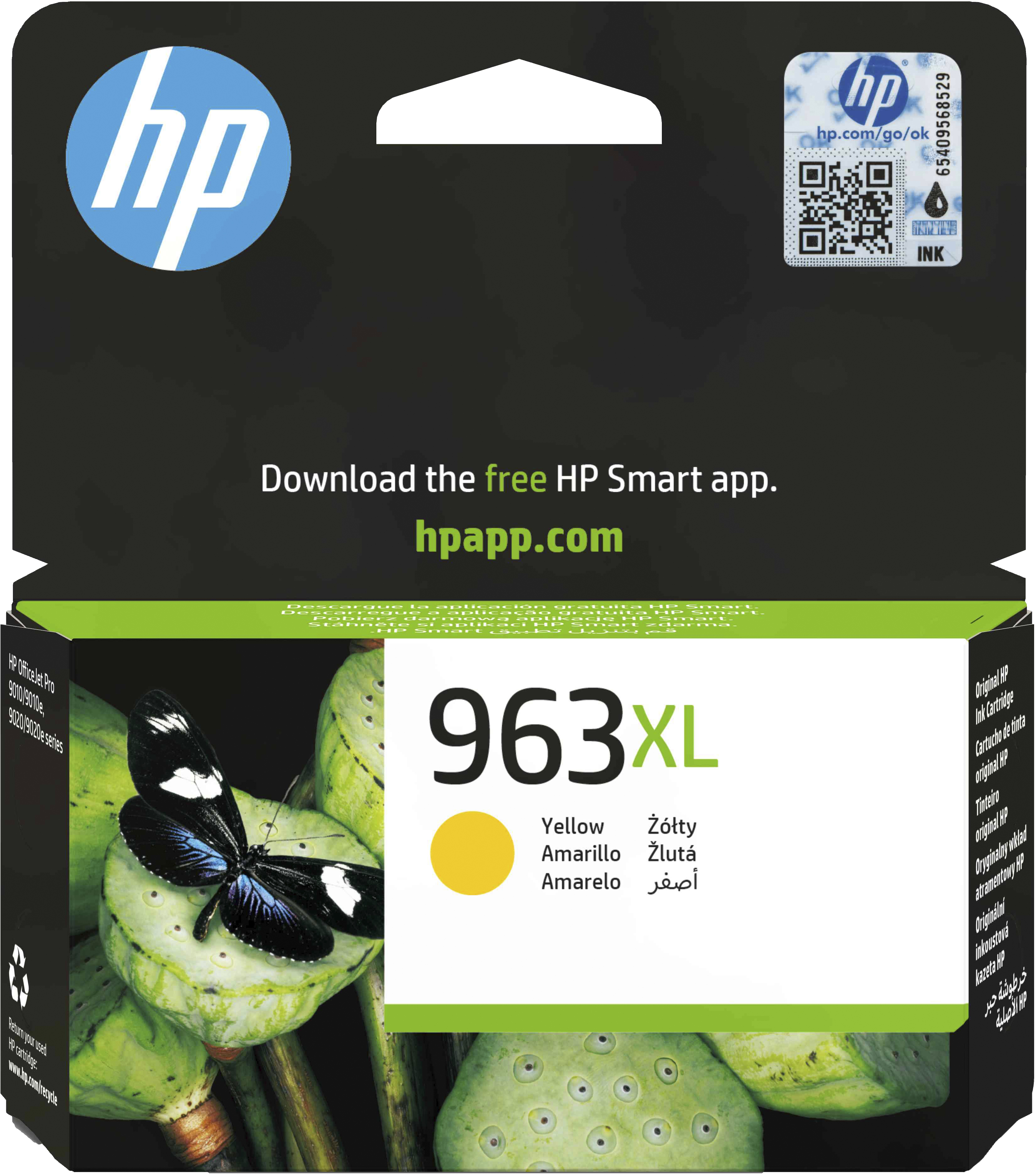 Paquete de cartucho de tinta amarillo HP 963XL. Incluye mariposa y loto.