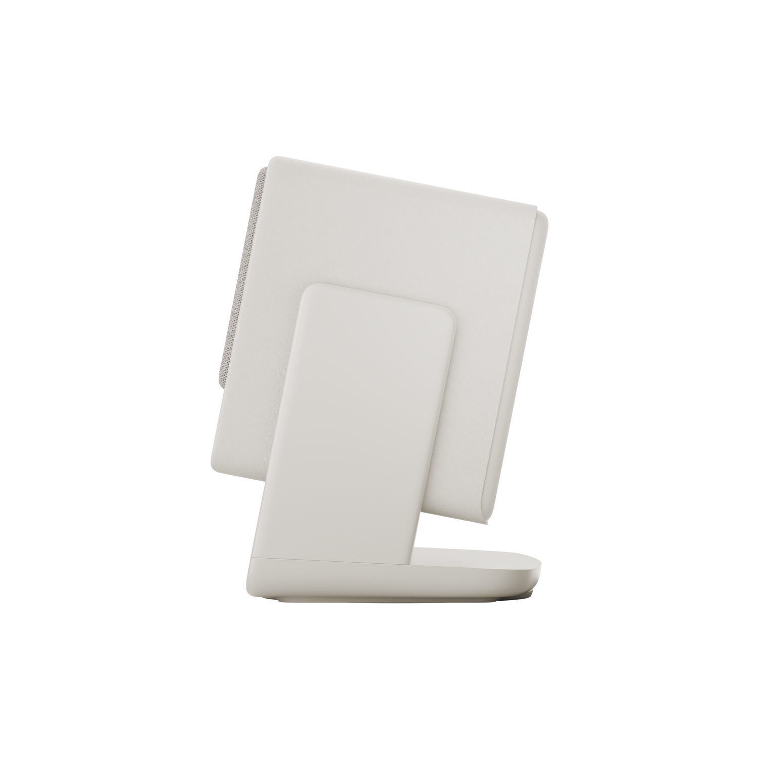 White device, likely a tablet, angled, on black background. The back is visible, with a stand.