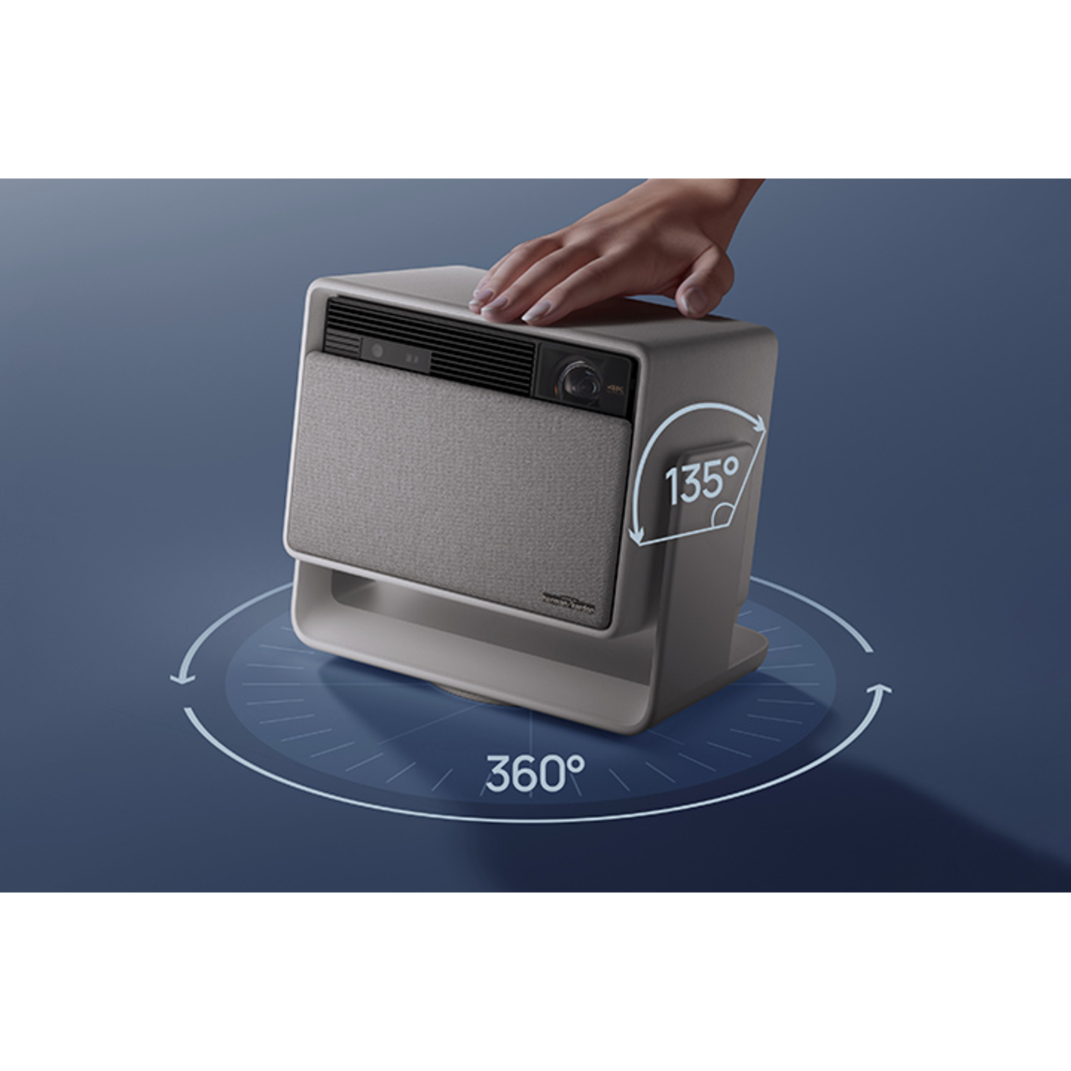 A small, gray device with a hand touching it. Shows the movement directions.