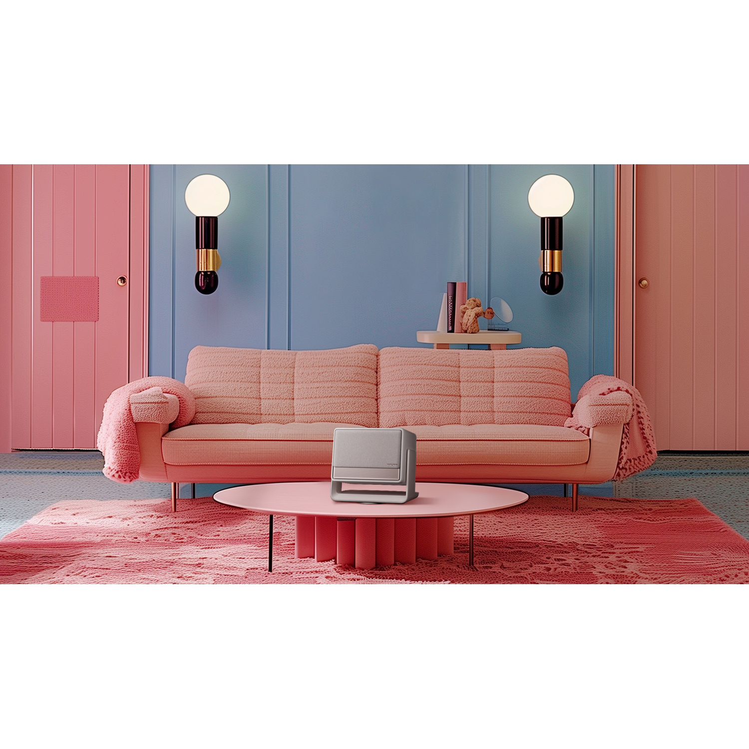 Pink sofa, coffee table, and rug in a room with pink and blue walls.