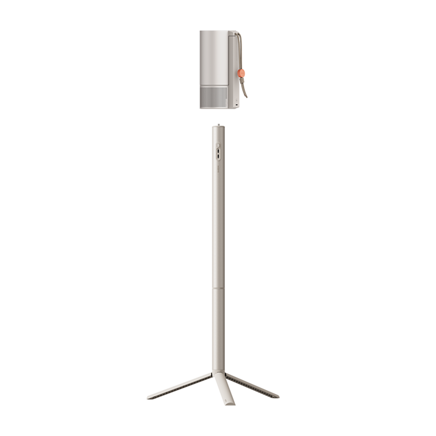 A white tripod stand with a detached, rectangular top component.