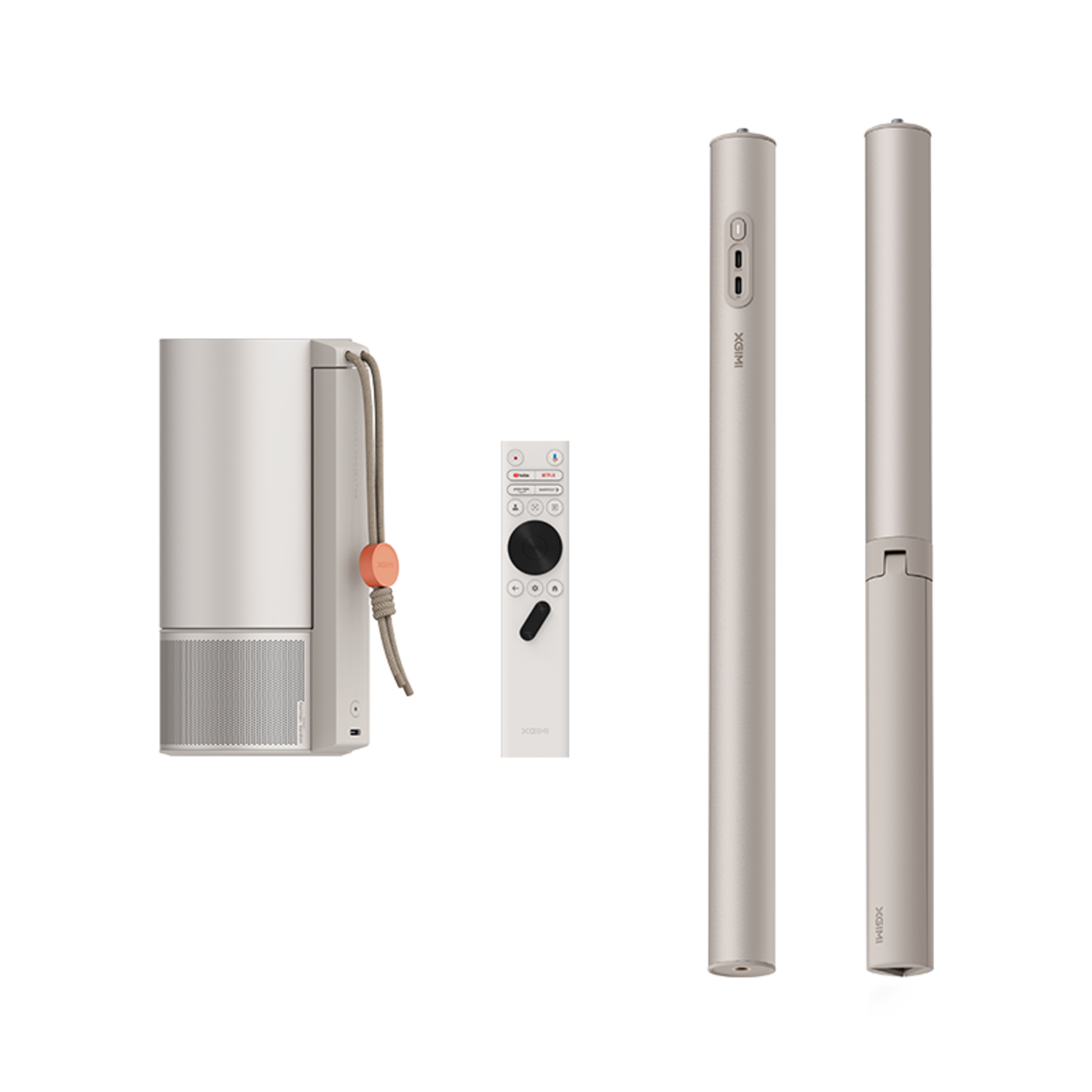 White projector, remote, and two white sticks. All are on a dark background.