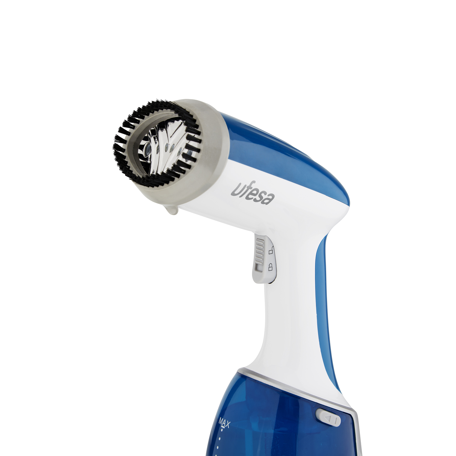 Un vaporizador de ropa de mano Ufesa blanco y azul, con un cepillo negro.