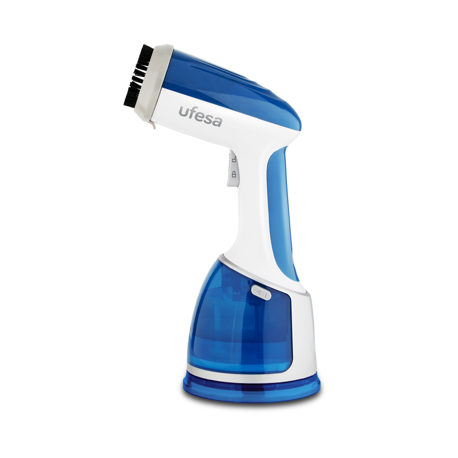 Vaporizador de ropa portátil azul y blanco sobre fondo blanco.
