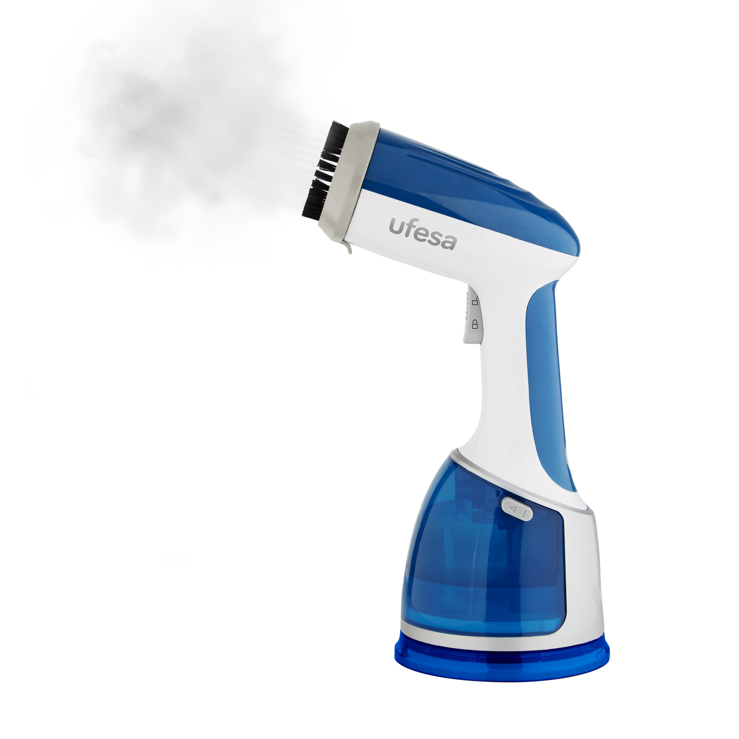 Un vaporizador de ropa de mano blanco y azul con vapor saliendo. El logo Ufesa es visible.