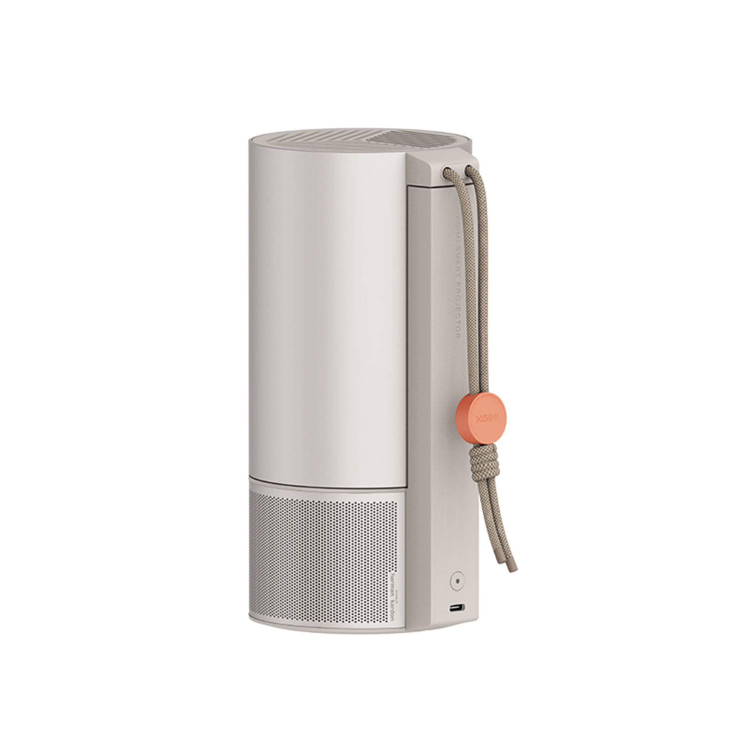 Een witte en lichtgrijze cilindrische slimme projector met een riem en een knop.