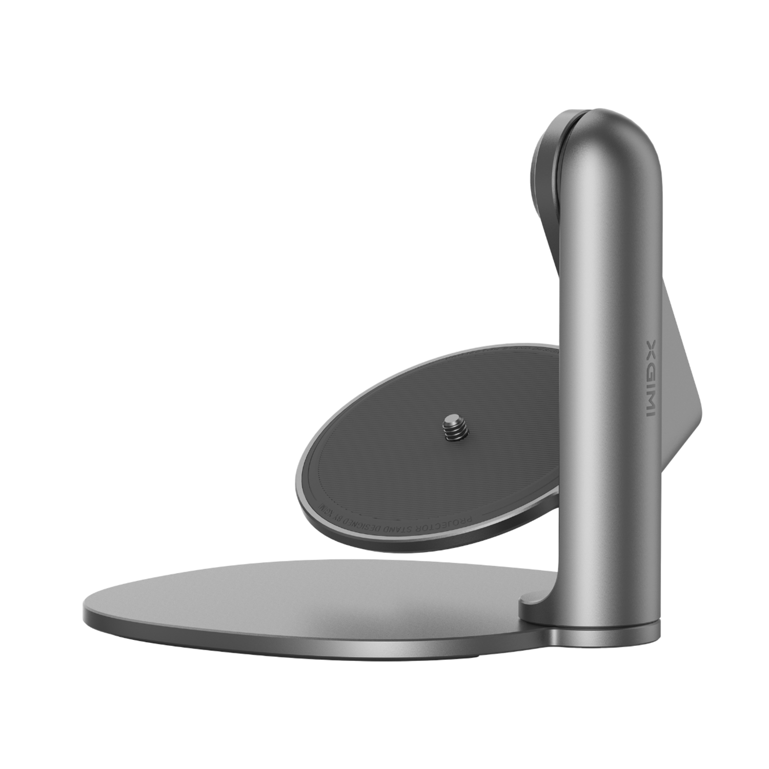 Een zilveren XGIMI projectorstandaard, met een cirkelvormige basis en een gebogen arm.