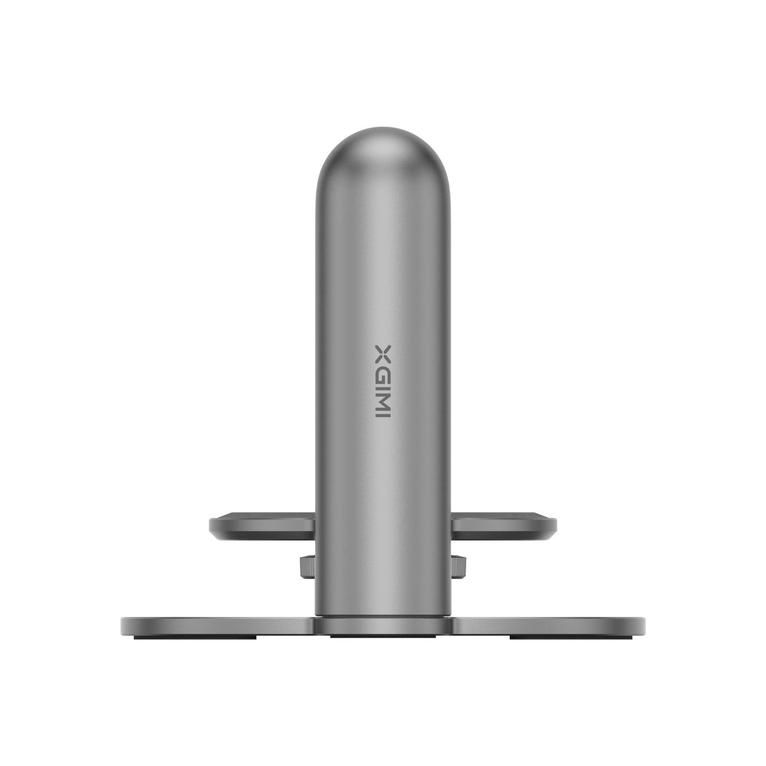 Een zilveren XGIMI-standaard voor een projector, met een centrale kolom en twee zijsteunen.